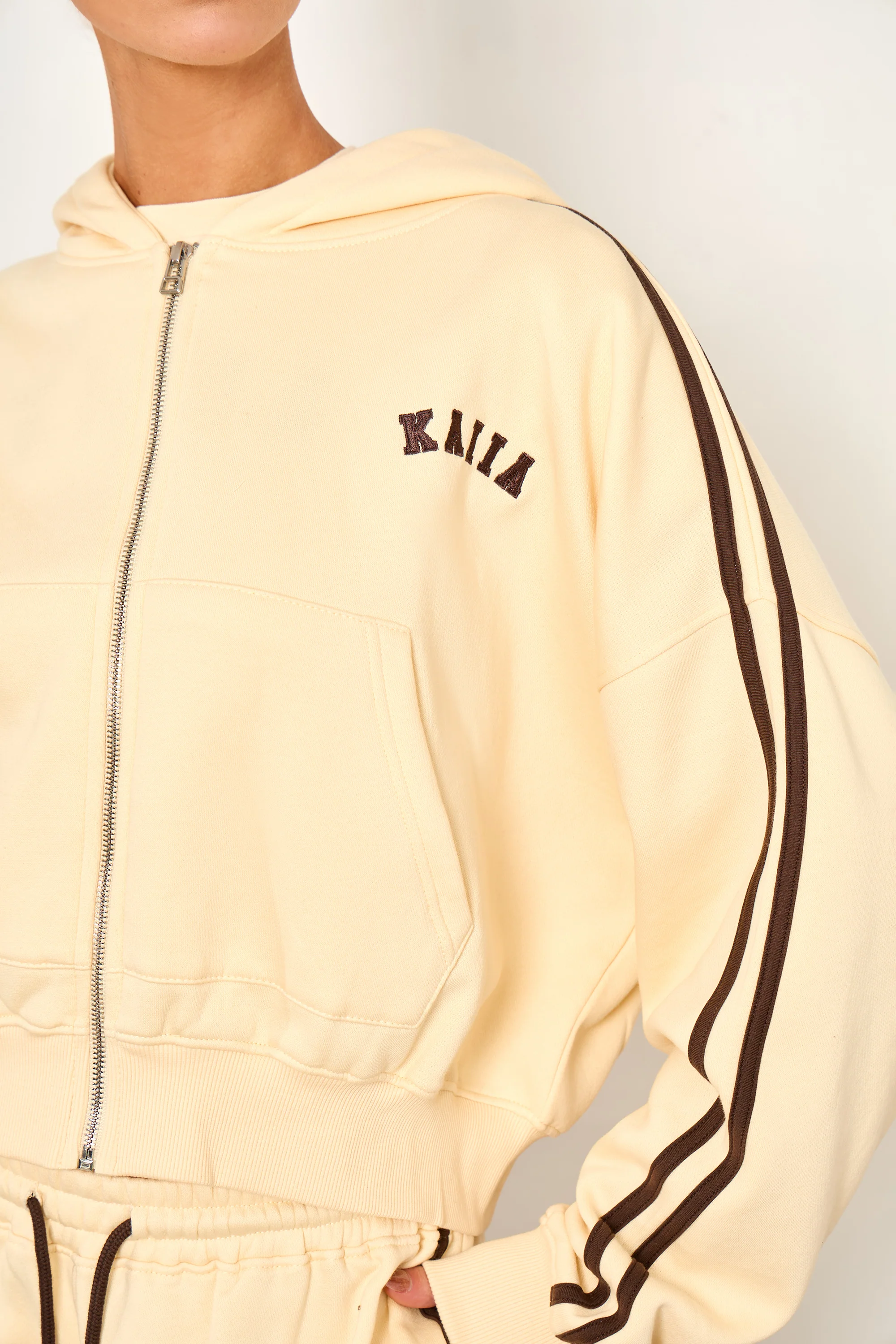 Kaiia Sport Side Stripe Oversized Zip Through Hoodie Butter Yellow & Brown - Image 8