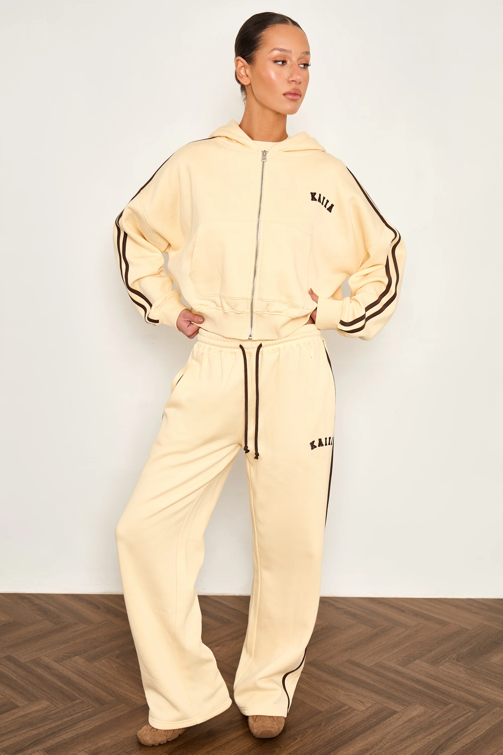 Kaiia Sport Side Stripe Oversized Zip Through Hoodie Butter Yellow & Brown - Image 9