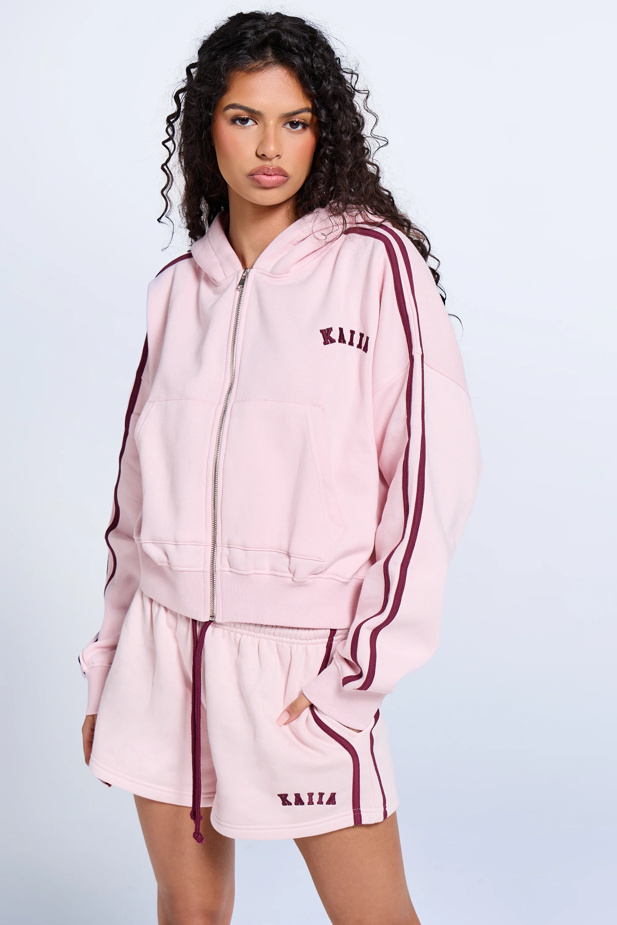 Kaiia Sport Side Stripe Oversized Zip Through Hoodie Pink Chai & Burgundy