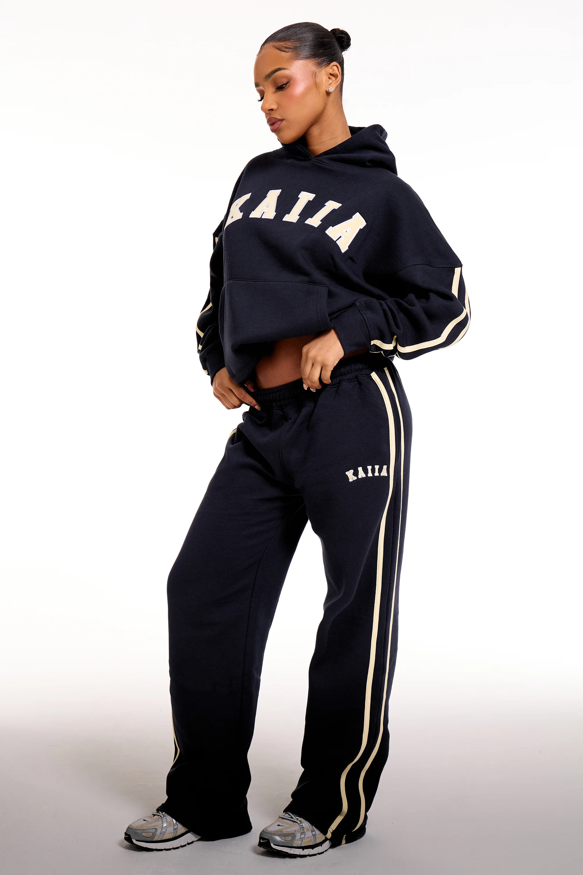Kaiia Sport Side Stripe Wide Leg Joggers Ink Blue & Lemon - Image 5