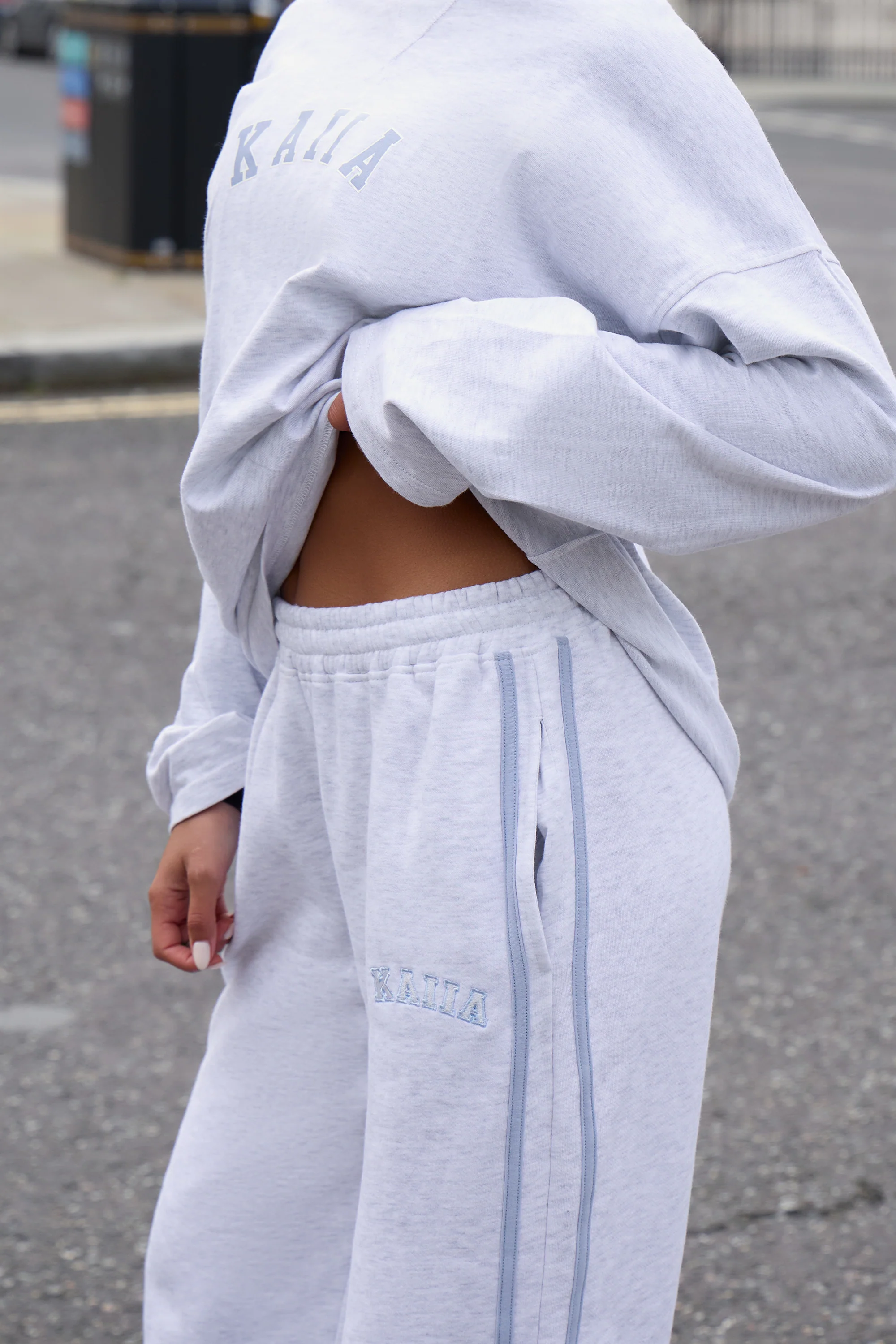 Kaiia Sport Side Stripe Wide Leg Joggers Light Grey Marl & Light Blue - Image 2