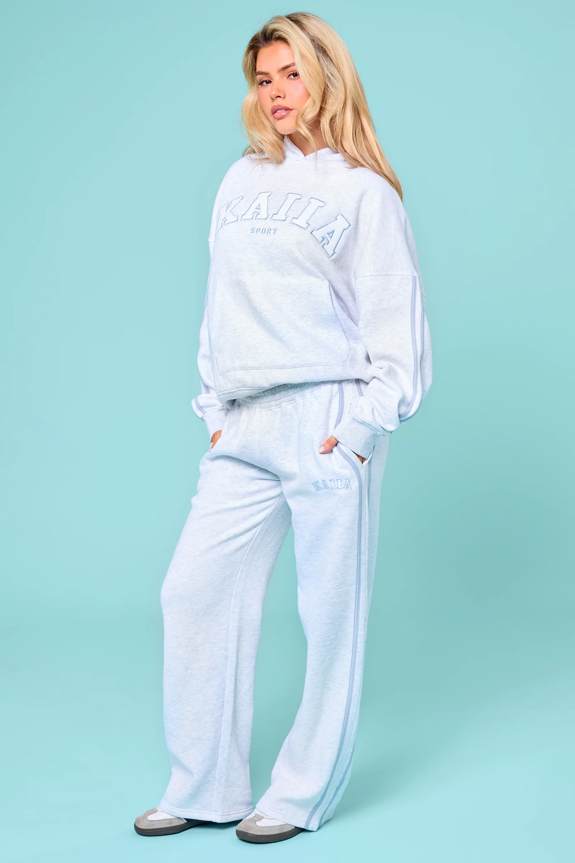 Kaiia Sport Side Stripe Wide Leg Joggers Light Grey Marl & Light Blue - Image 5