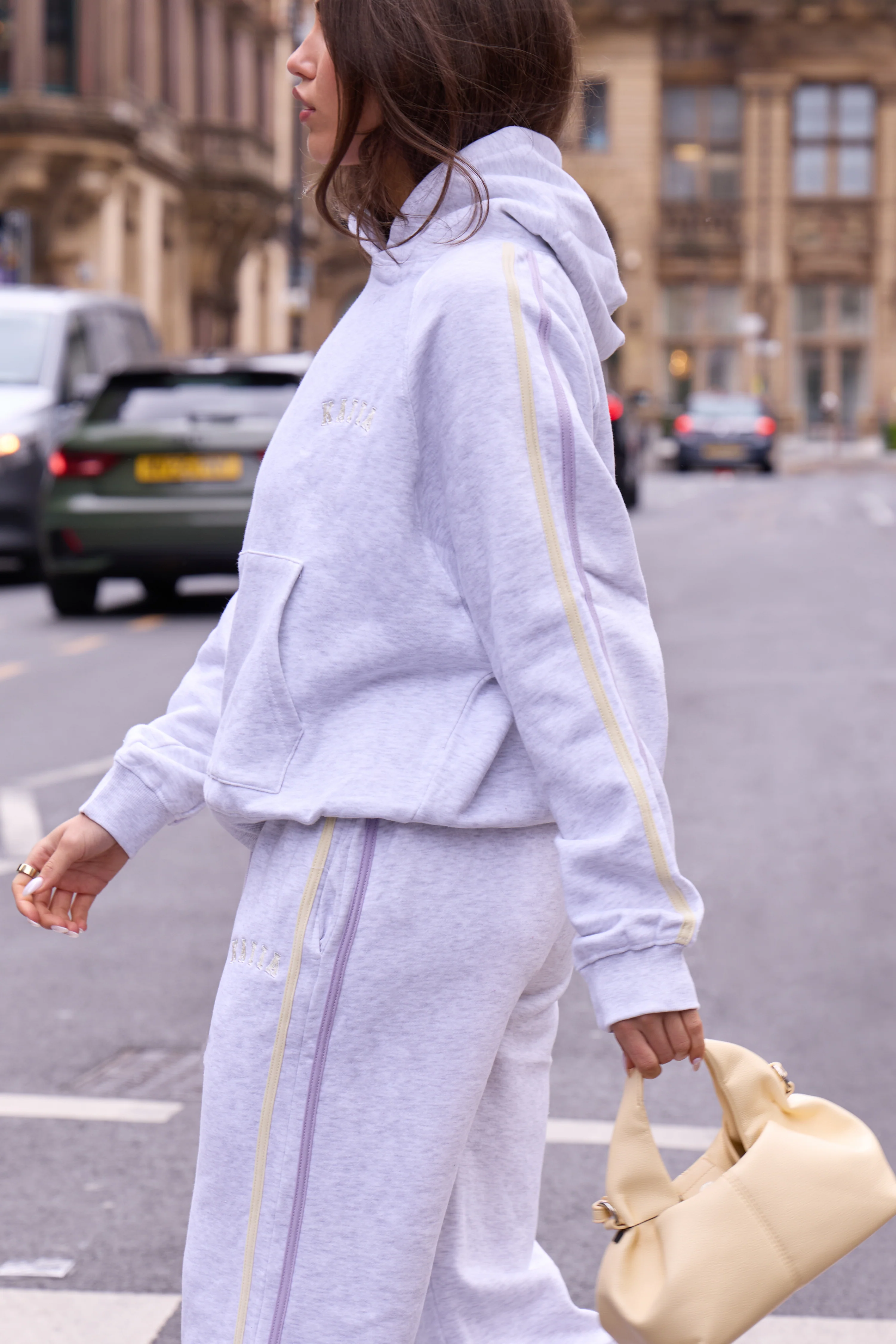 Kaiia Sport Side Stripe Wide Leg Joggers Light Grey Marl With Lemon & Lilac - Image 2