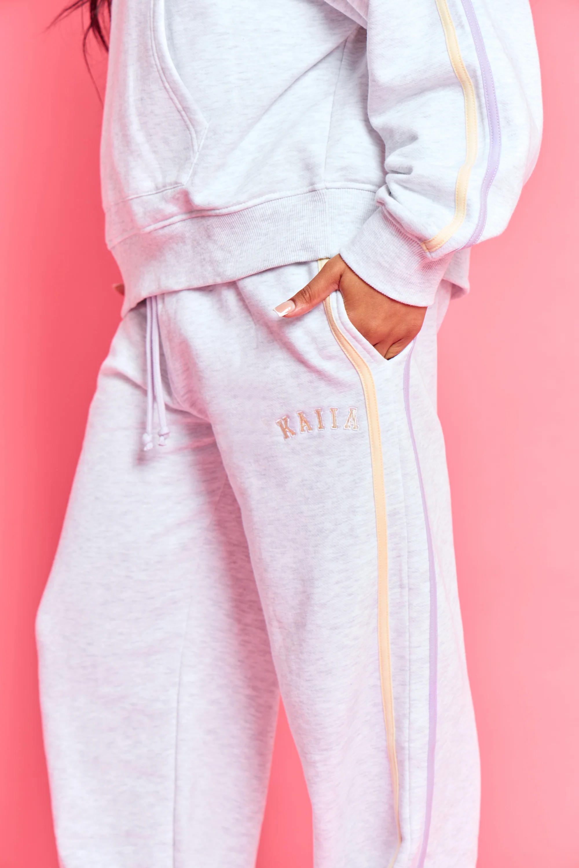 Kaiia Sport Side Stripe Wide Leg Joggers Light Grey Marl With Lemon & Lilac - Image 6