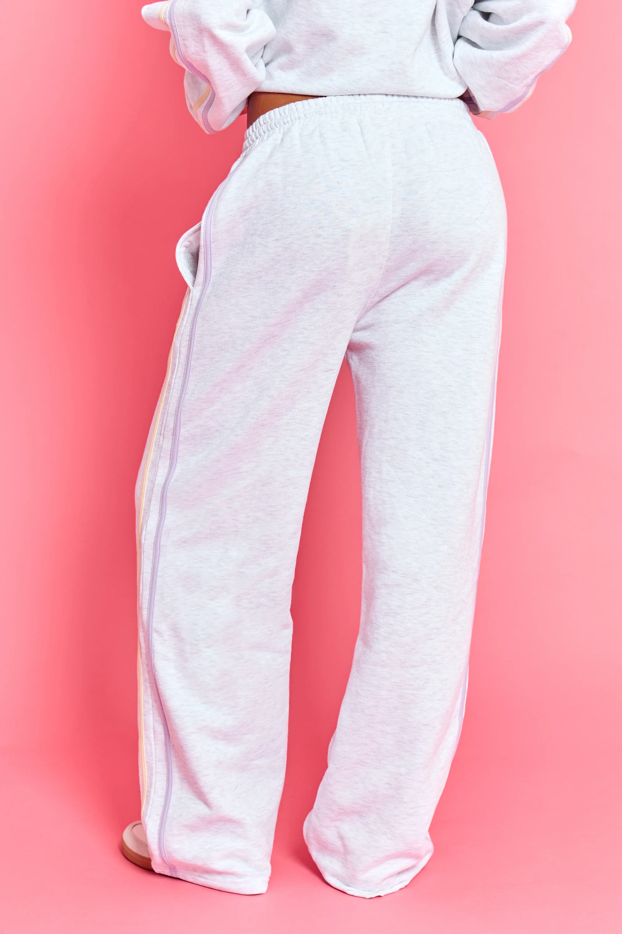 Kaiia Sport Side Stripe Wide Leg Joggers Light Grey Marl With Lemon & Lilac - Image 8