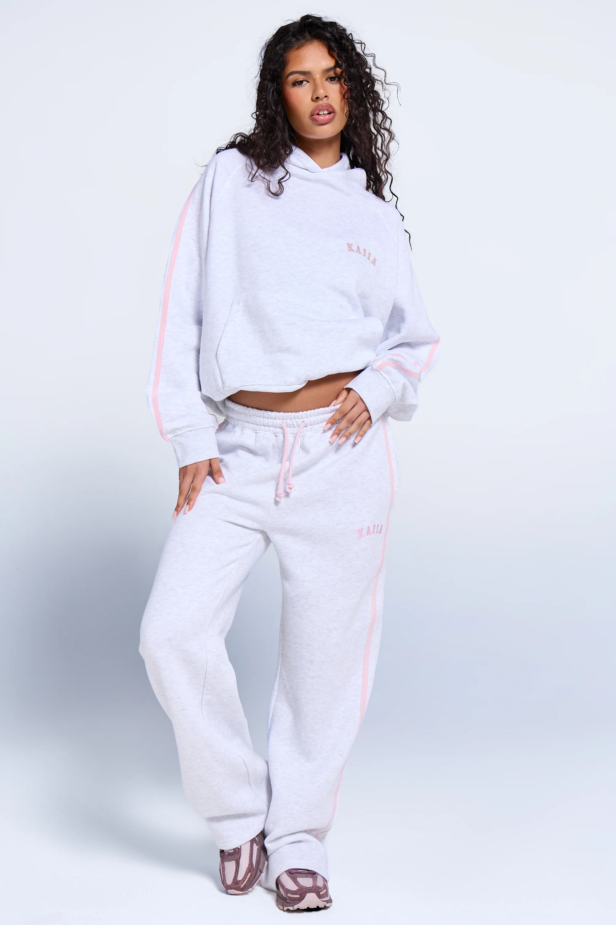 Kaiia Sport Side Stripe Wide Leg Joggers Light Grey Marl & Pink Sugar