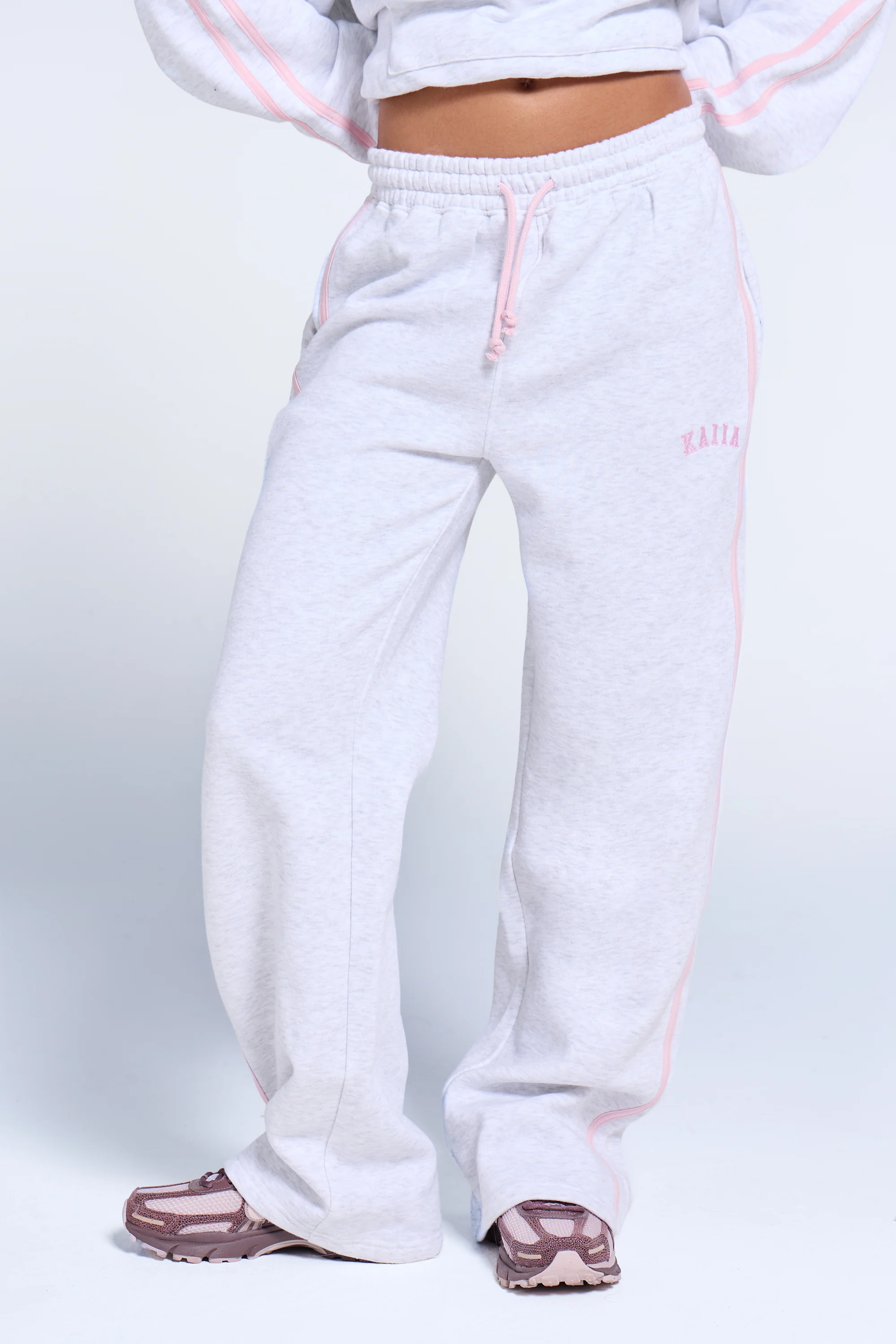 Kaiia Sport Side Stripe Wide Leg Joggers Light Grey Marl & Pink Sugar - Image 3