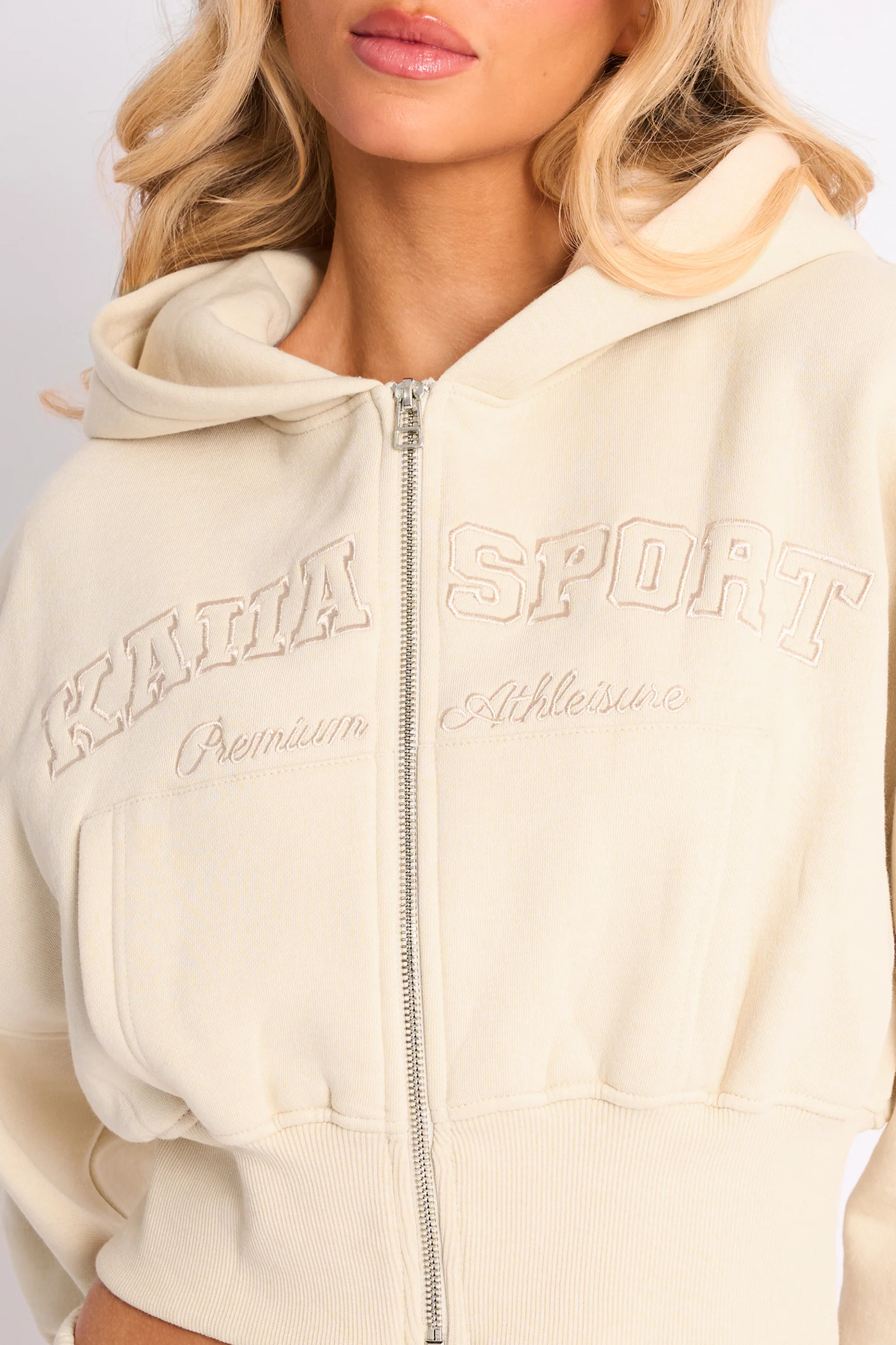Kaiia Sport Logo Cropped Zip Up Hoodie Buttercream - Image 4
