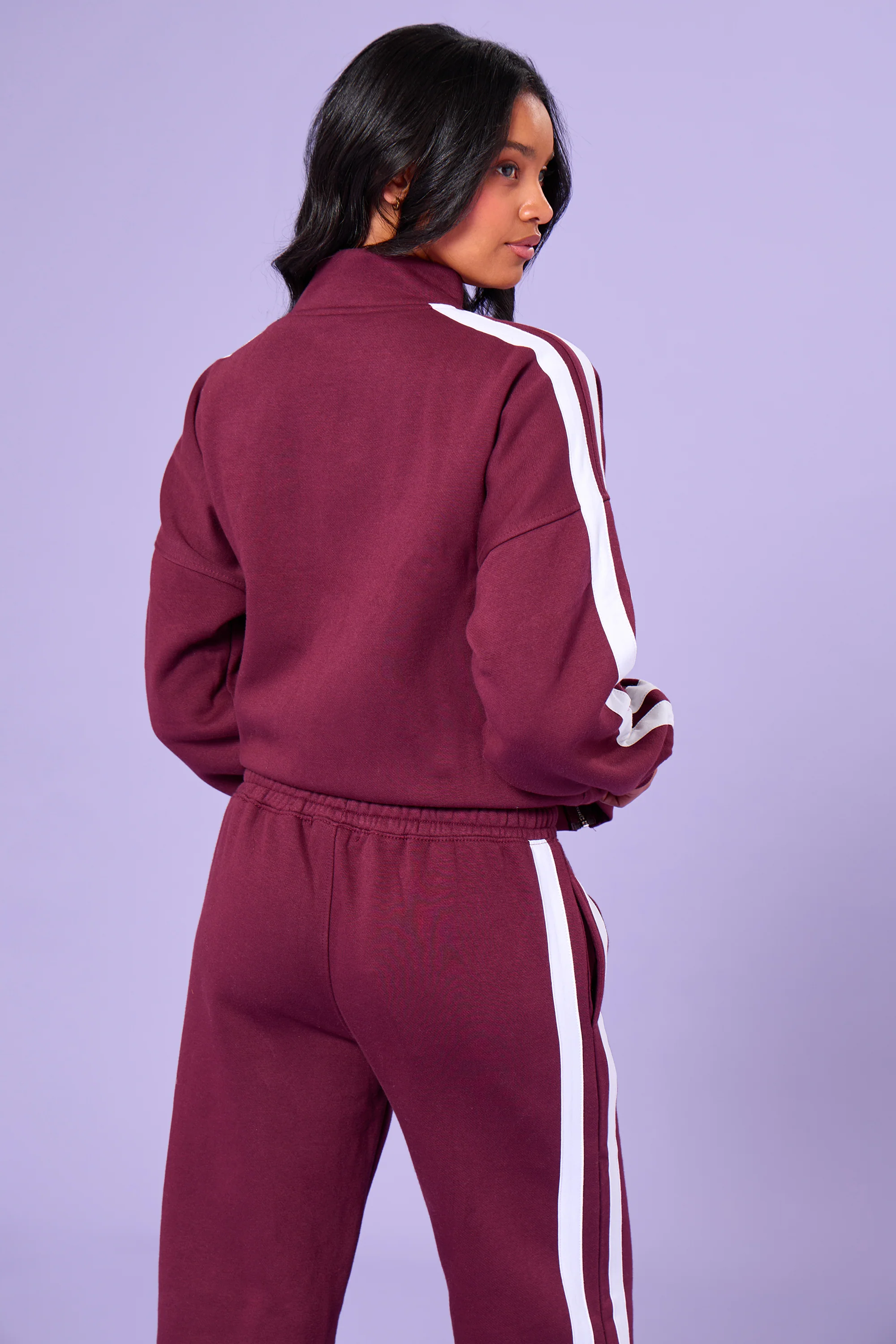 Kaiia Sport Stripe Funnel Neck Zip Through Sweatshirt Burgundy & Cream - Image 10