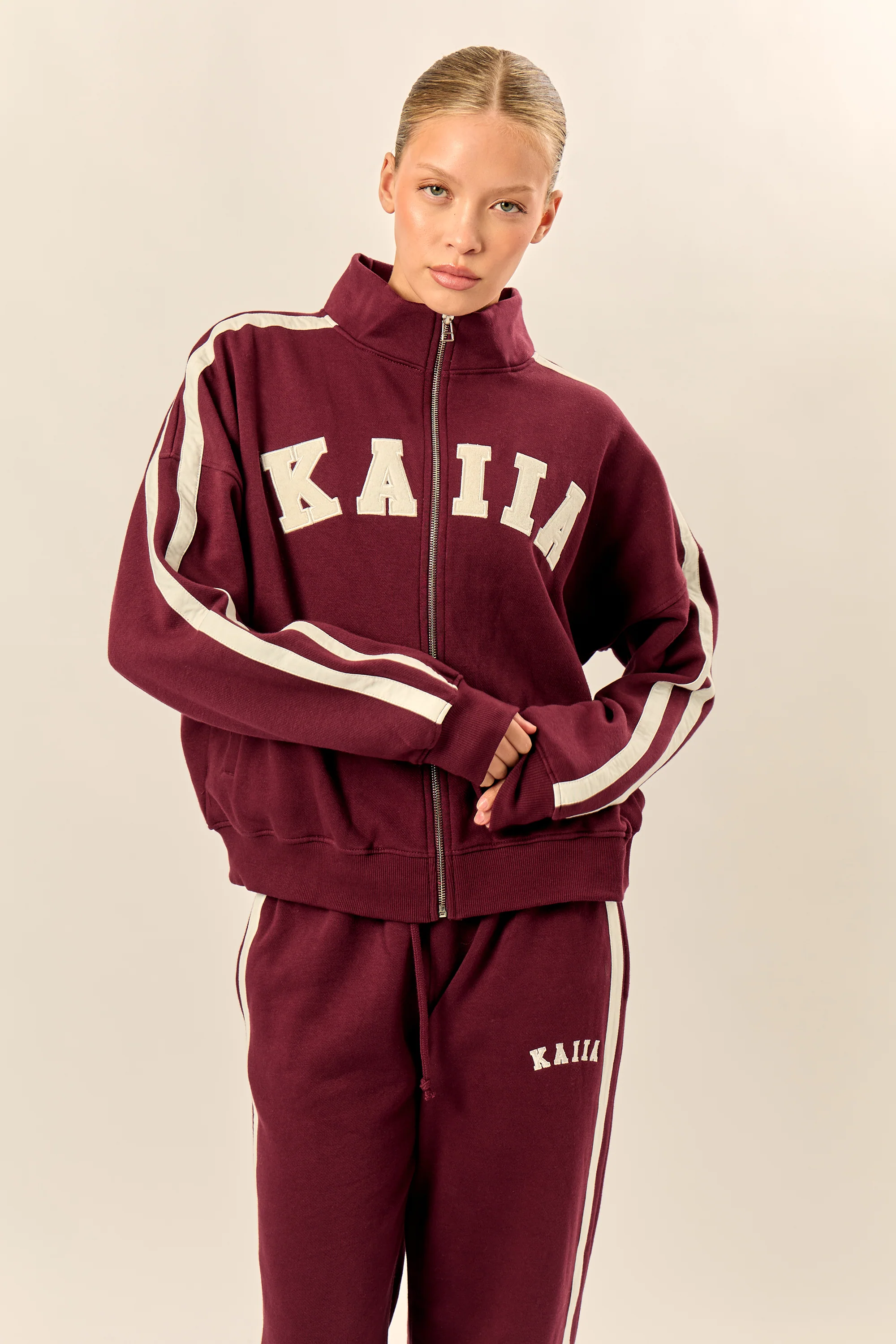 Kaiia Sport Stripe Funnel Neck Zip Through Sweatshirt Burgundy & Cream - Image 2