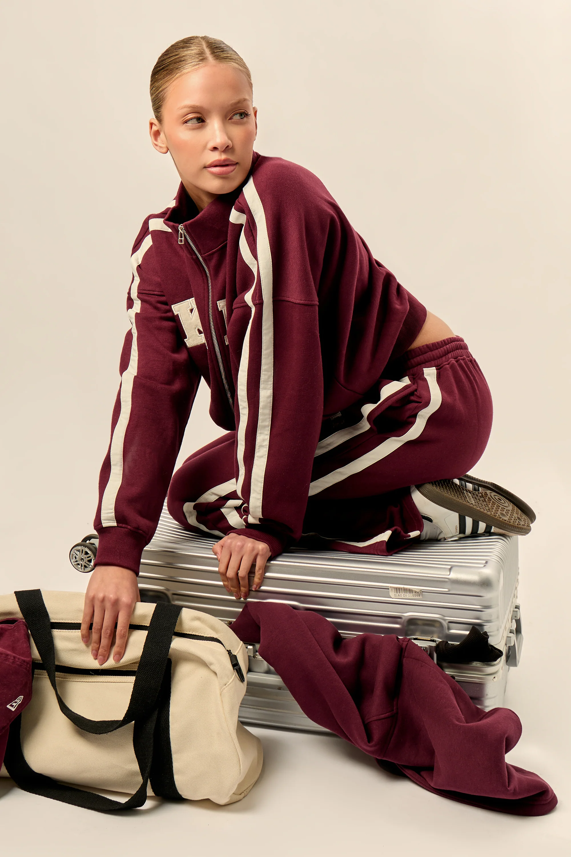 Kaiia Sport Stripe Funnel Neck Zip Through Sweatshirt Burgundy & Cream - Image 3