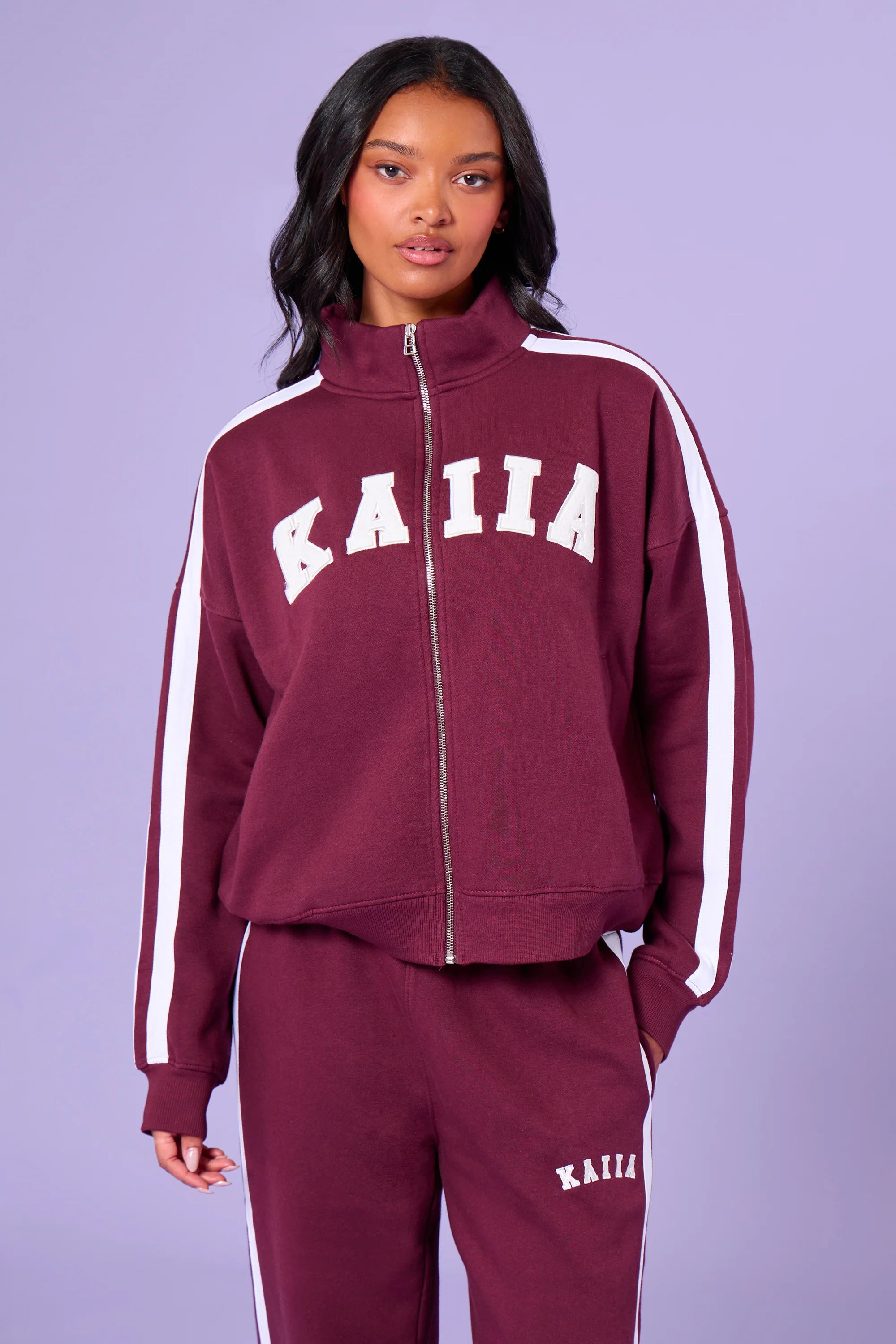 Kaiia Sport Stripe Funnel Neck Zip Through Sweatshirt Burgundy & Cream - Image 4