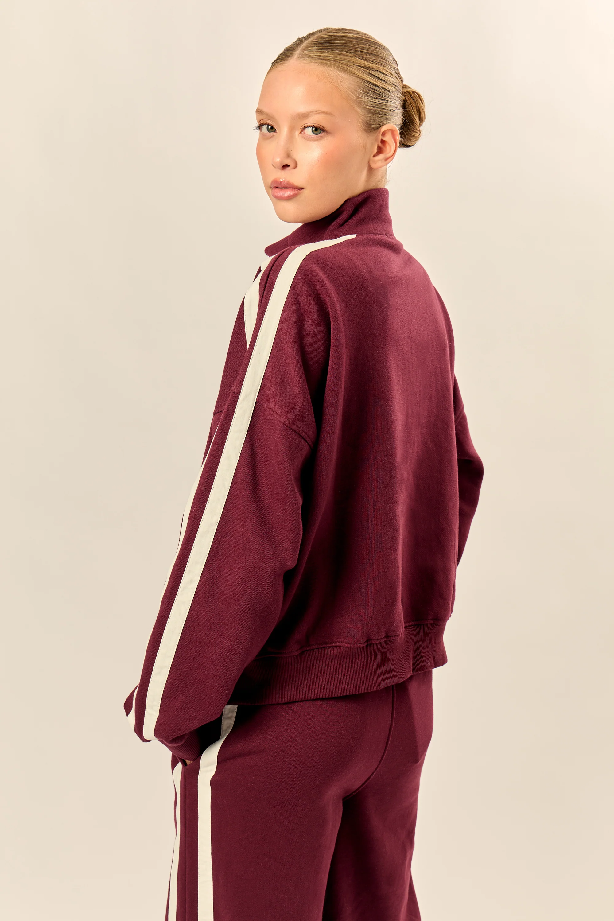 Kaiia Sport Stripe Funnel Neck Zip Through Sweatshirt Burgundy & Cream - Image 5