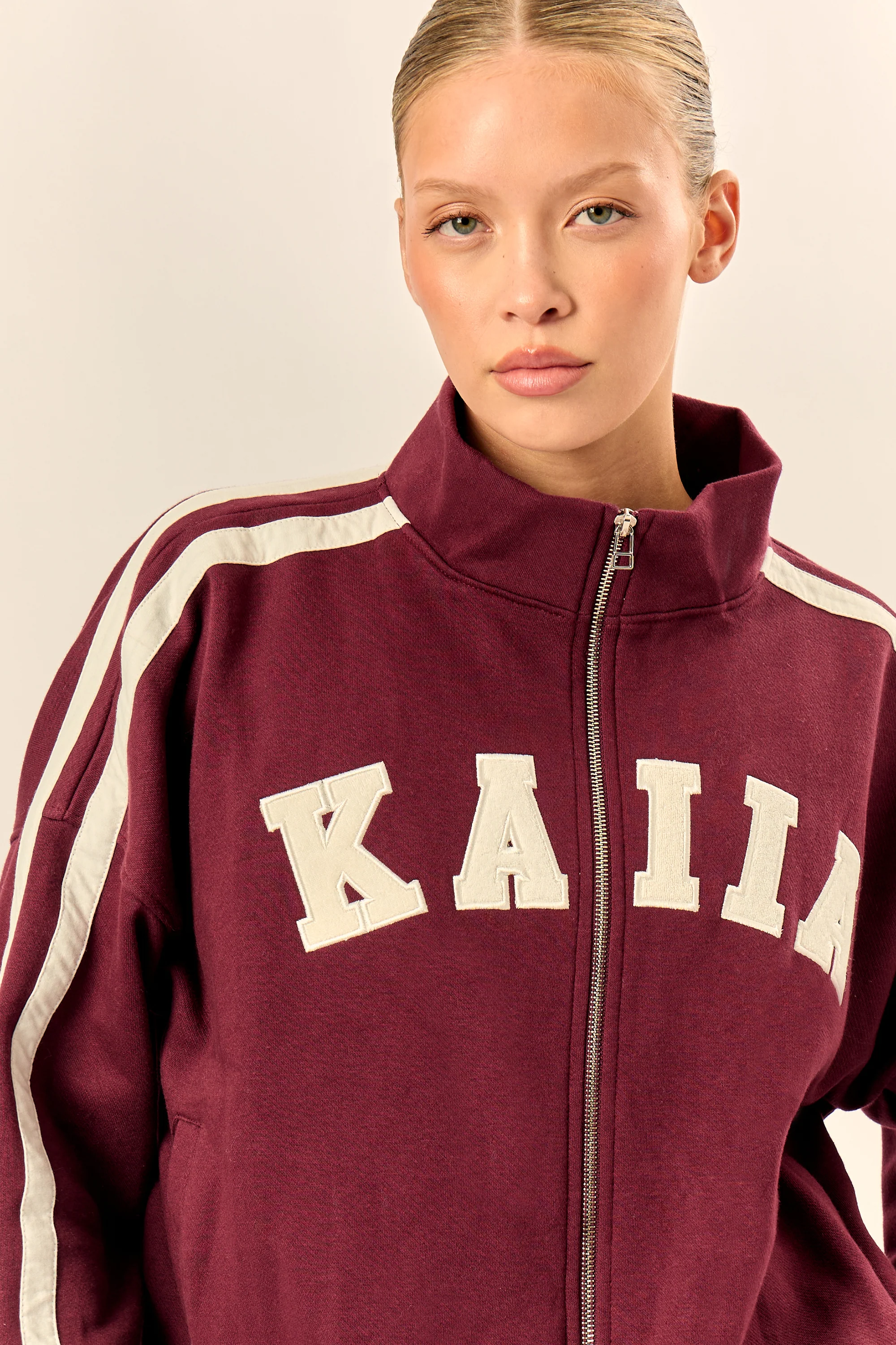Kaiia Sport Stripe Funnel Neck Zip Through Sweatshirt Burgundy & Cream - Image 6