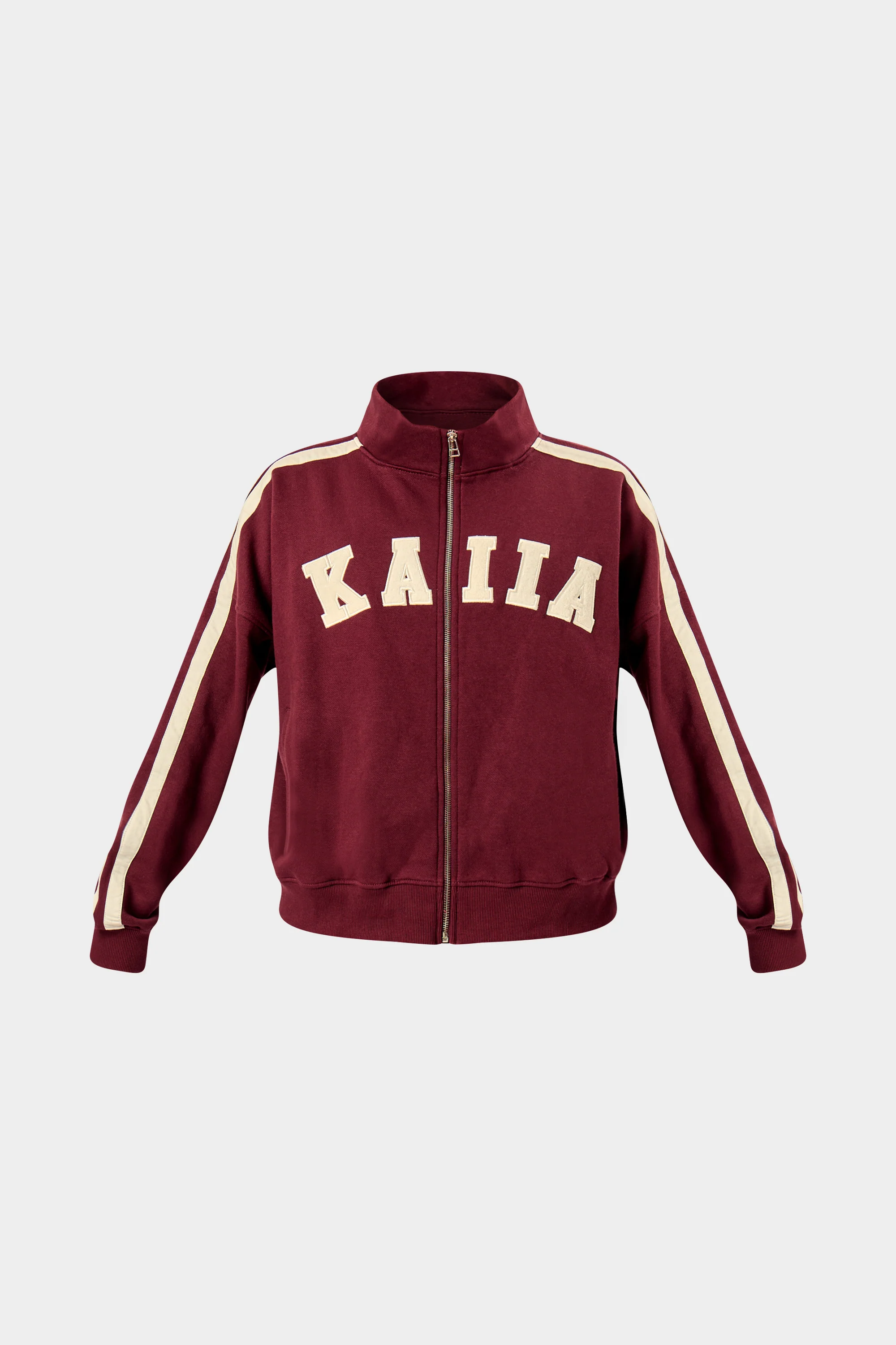 Kaiia Sport Stripe Funnel Neck Zip Through Sweatshirt Burgundy & Cream - Image 7
