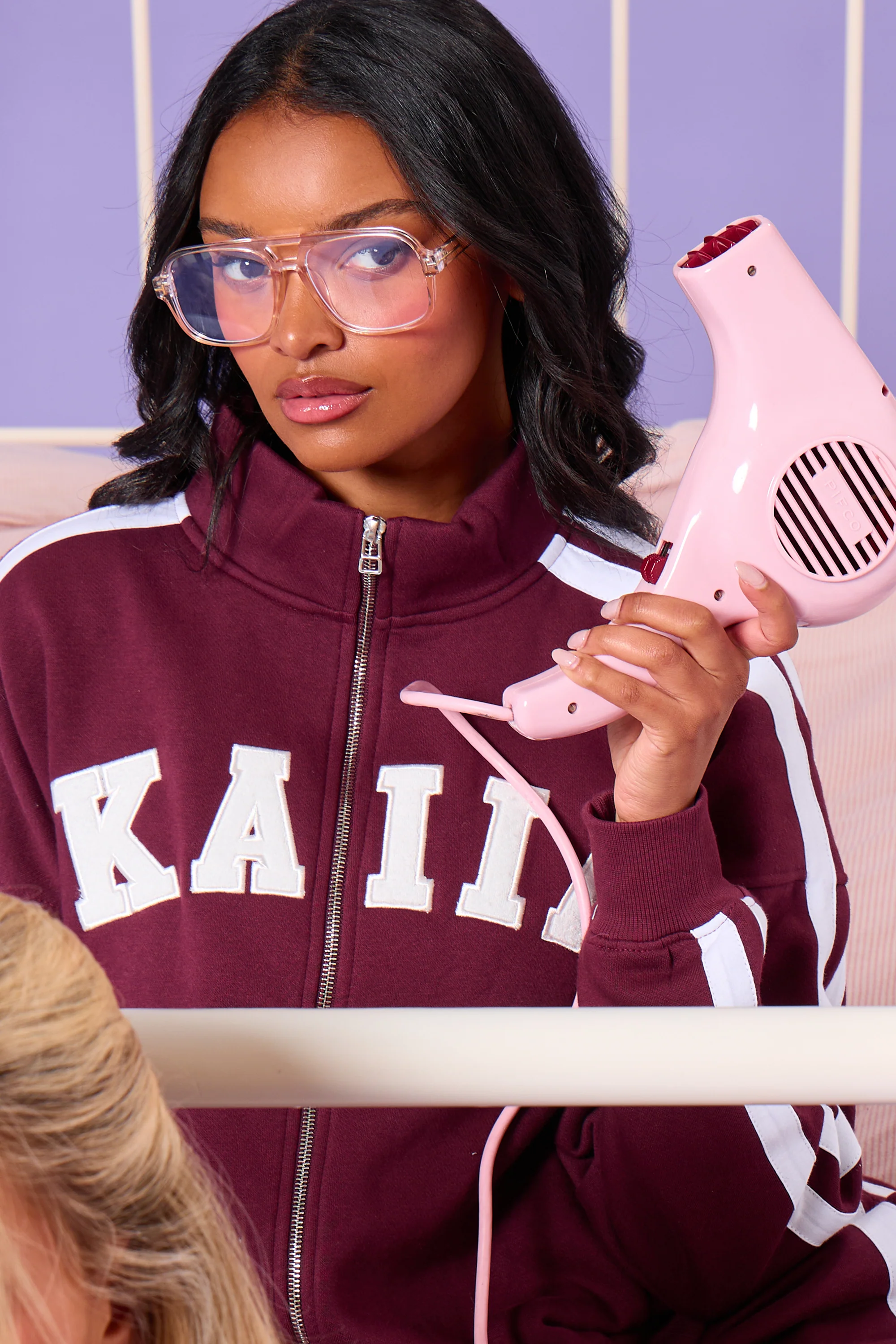Kaiia Sport Stripe Funnel Neck Zip Through Sweatshirt Burgundy & Cream - Image 8