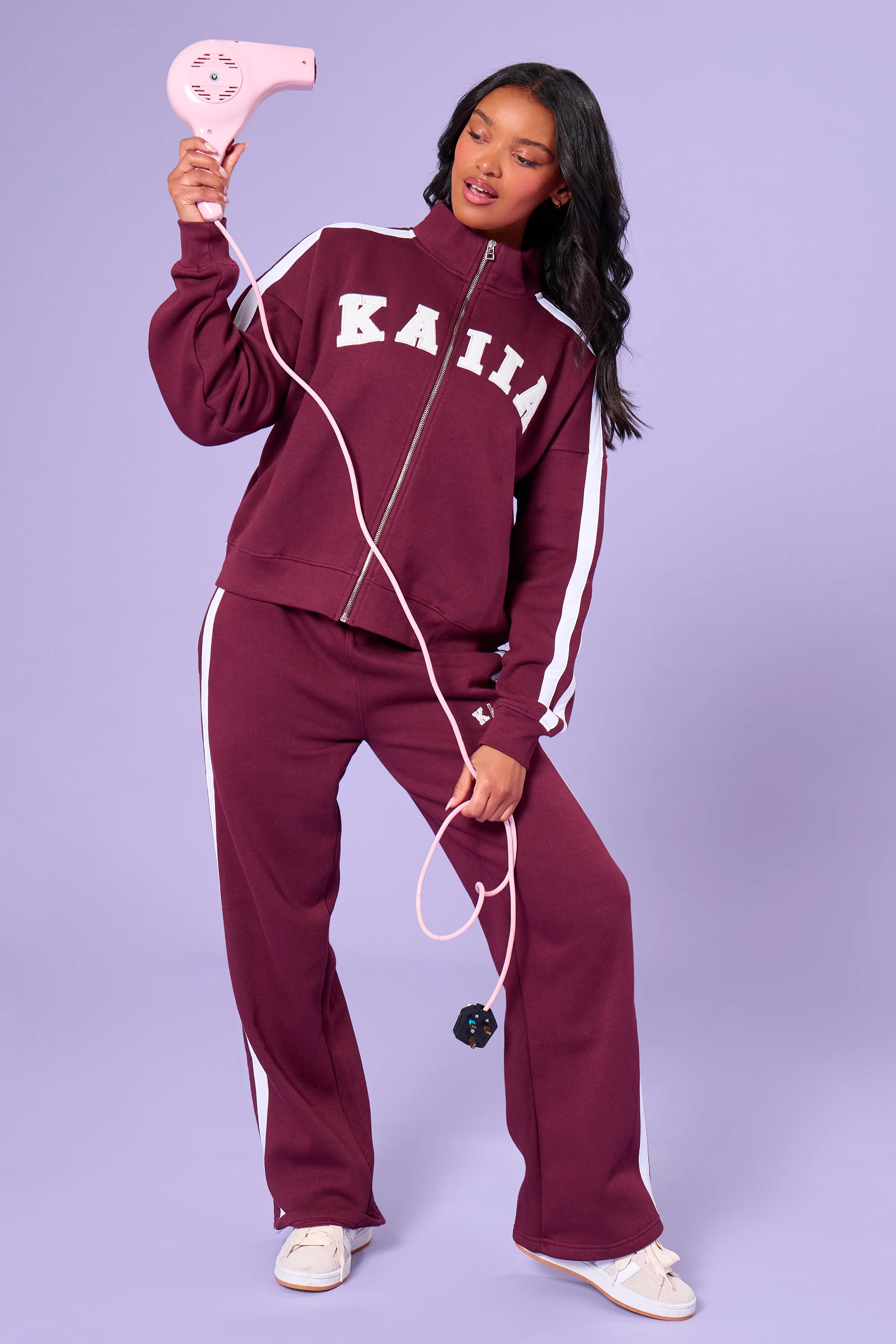 Kaiia Sport Stripe Funnel Neck Zip Through Sweatshirt Burgundy & Cream - Image 9