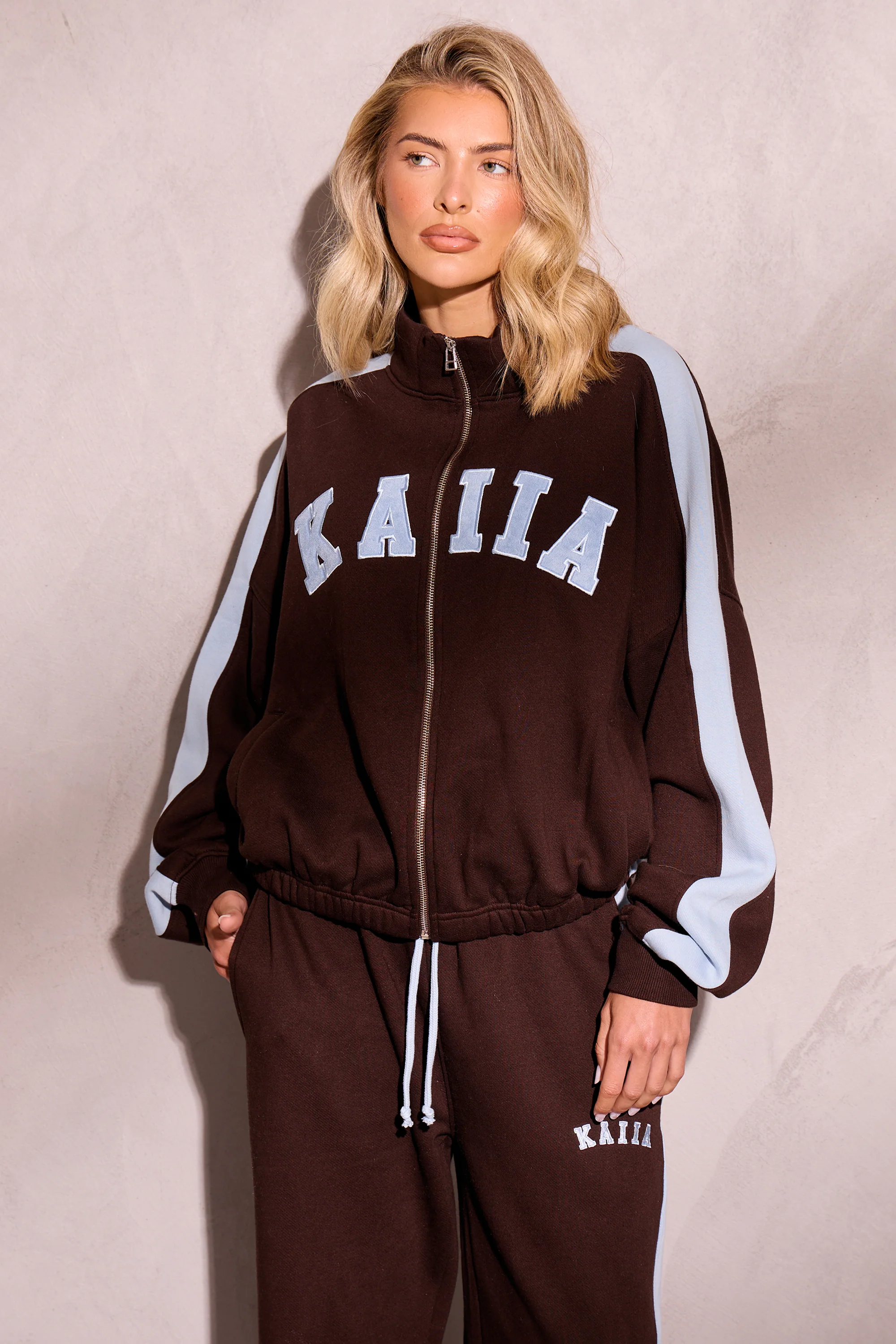 Kaiia Sport Stripe Funnel Neck Zip Through Sweatshirt Chestnut Brown & Dusty Blue