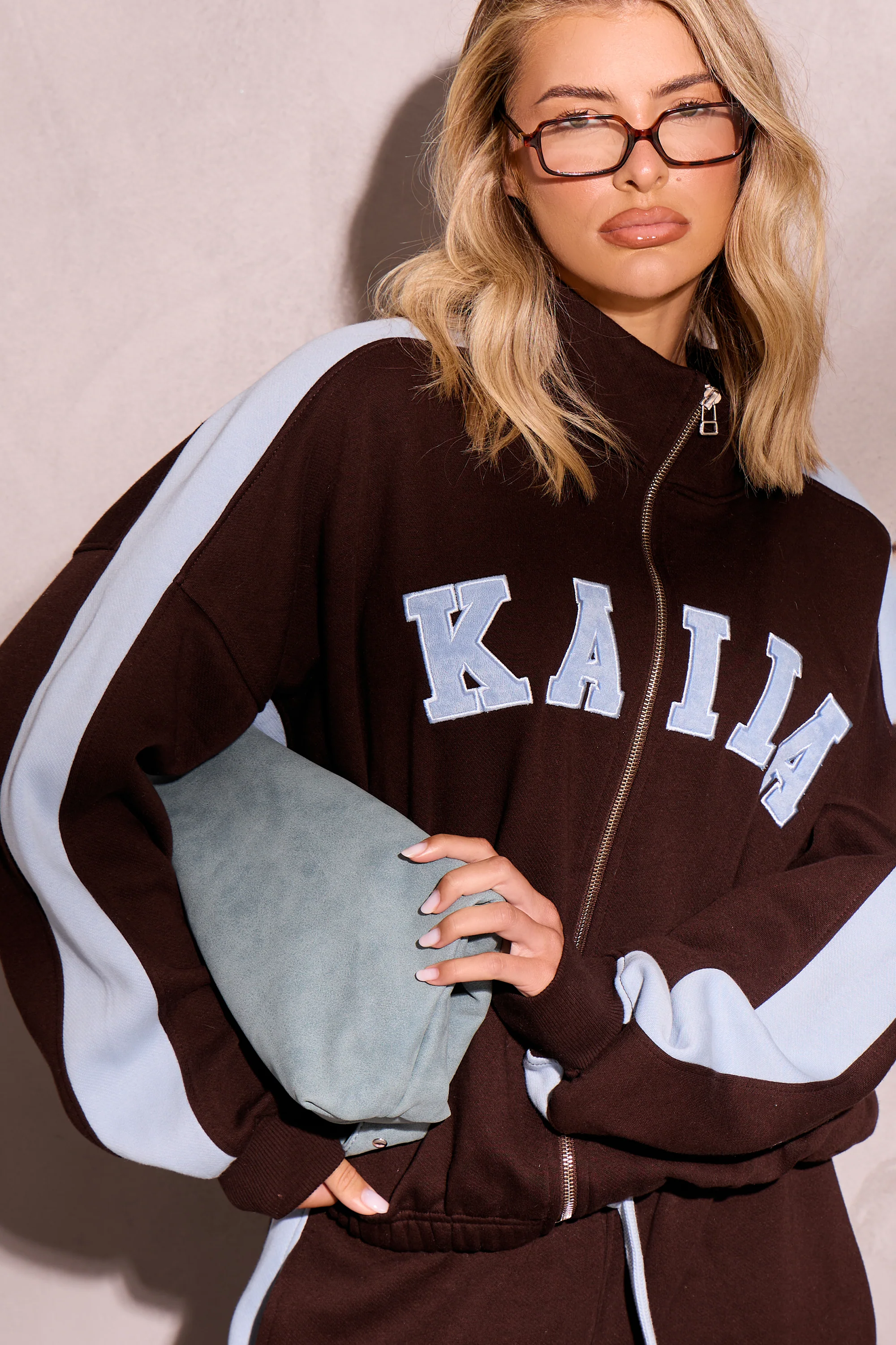 Kaiia Sport Stripe Funnel Neck Zip Through Sweatshirt Chestnut Brown & Dusty Blue - Image 2