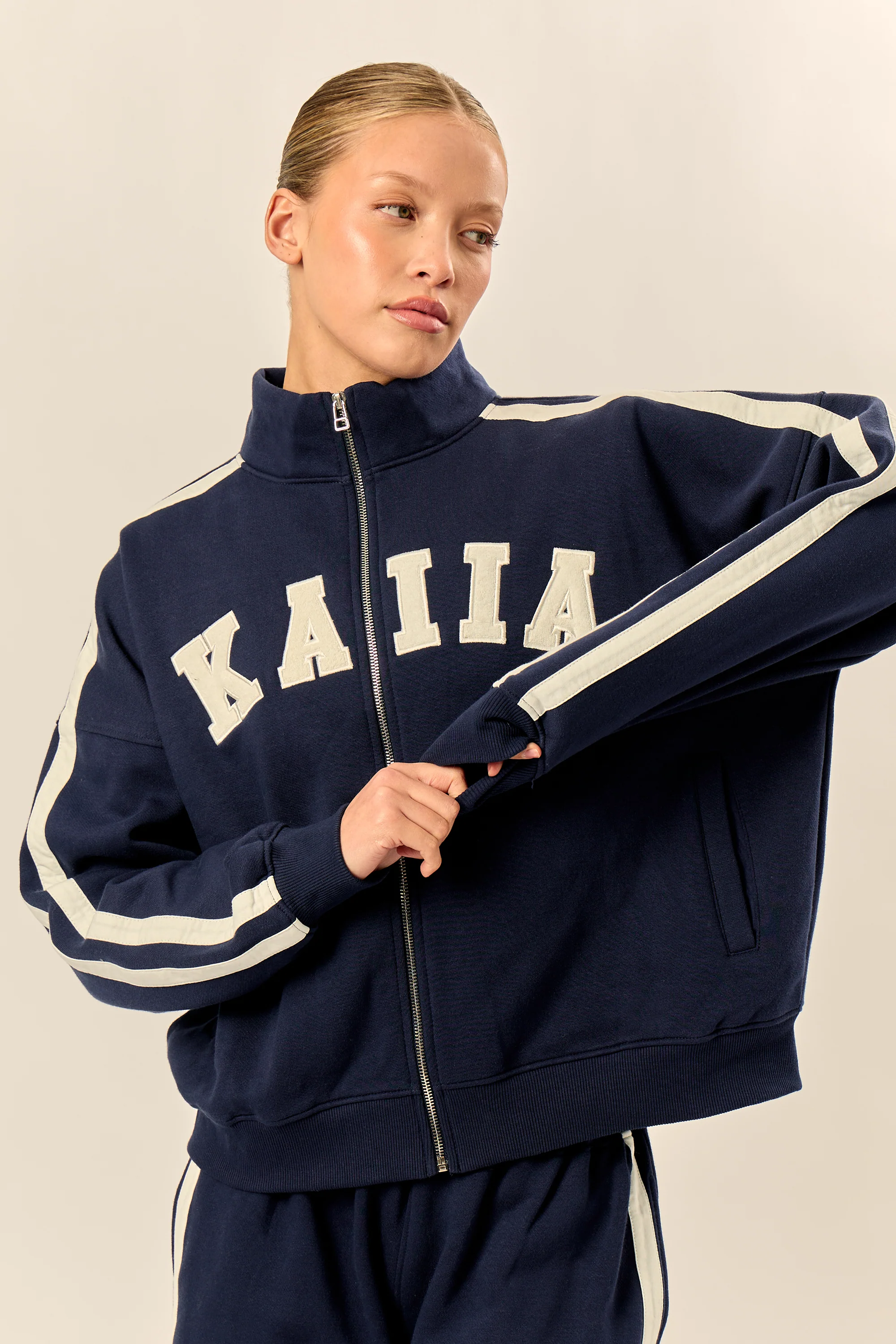 Kaiia Sport Stripe Funnel Neck Zip Through Sweatshirt Navy & Cream - Image 4