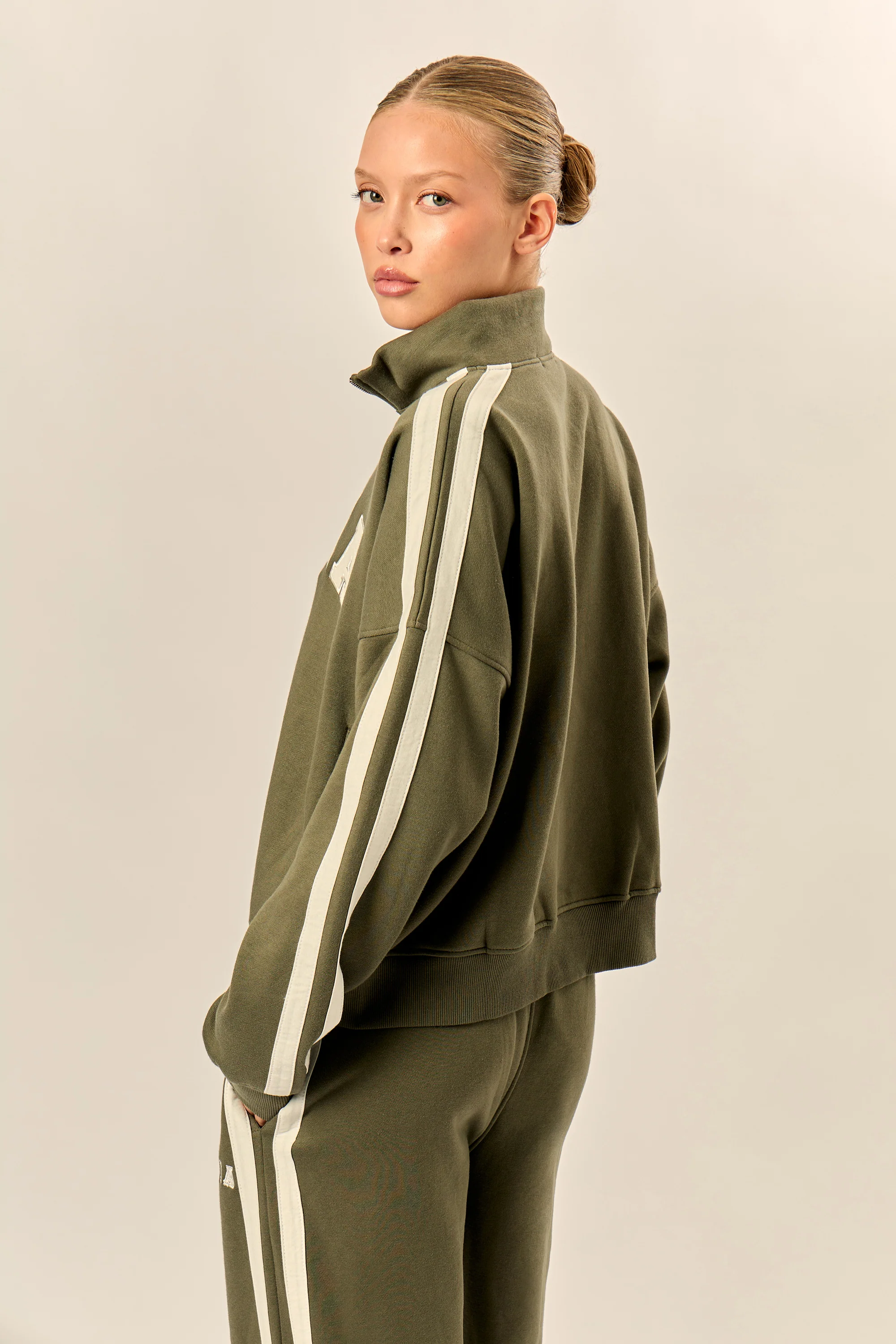Kaiia Sport Stripe Funnel Neck Zip Through Sweatshirt Olive & Cream - Image 4