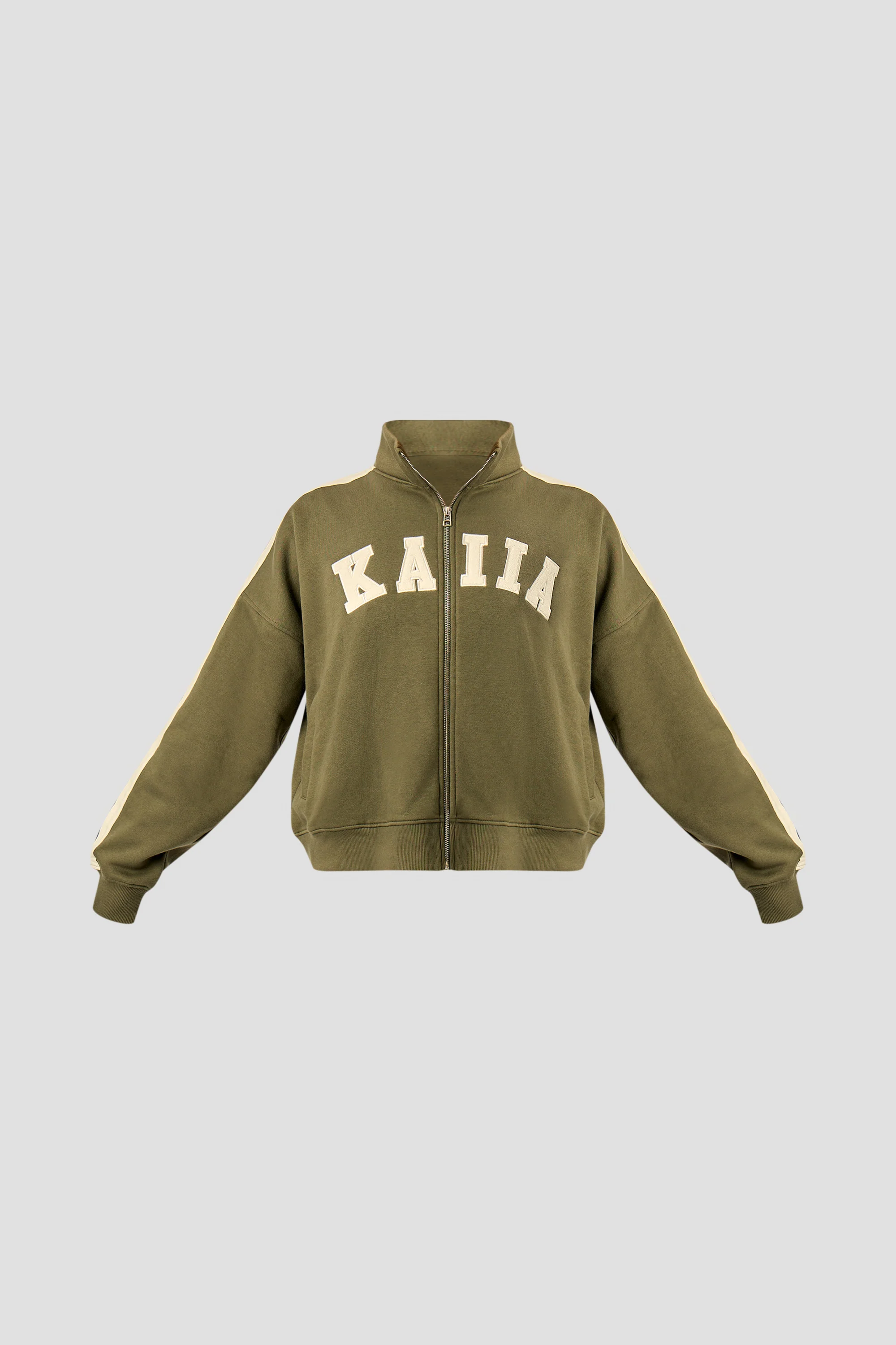 Kaiia Sport Stripe Funnel Neck Zip Through Sweatshirt Olive & Cream - Image 5