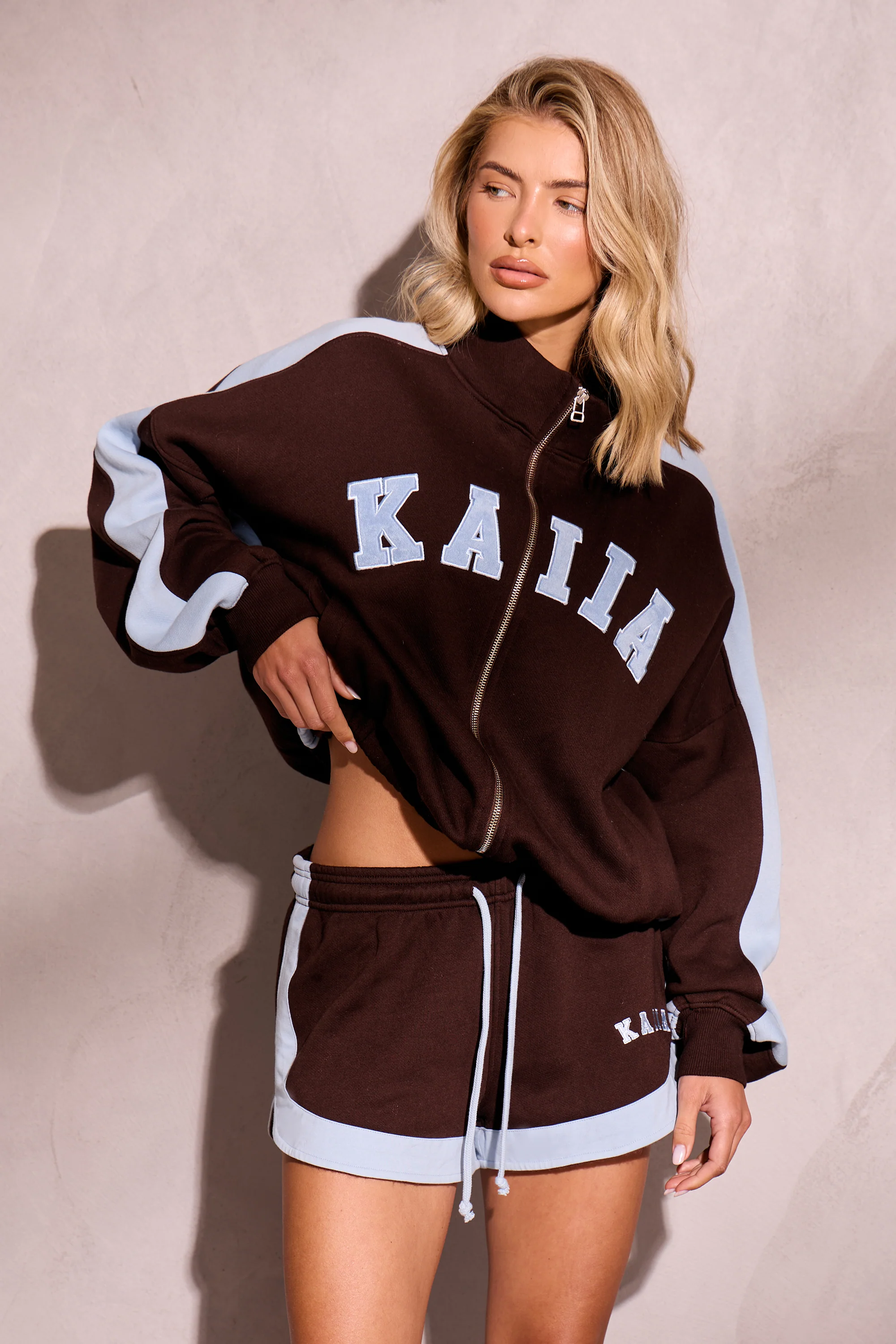 Kaiia Sport Stripe Mini Shorts Chestnut Brown & Dusty Blue