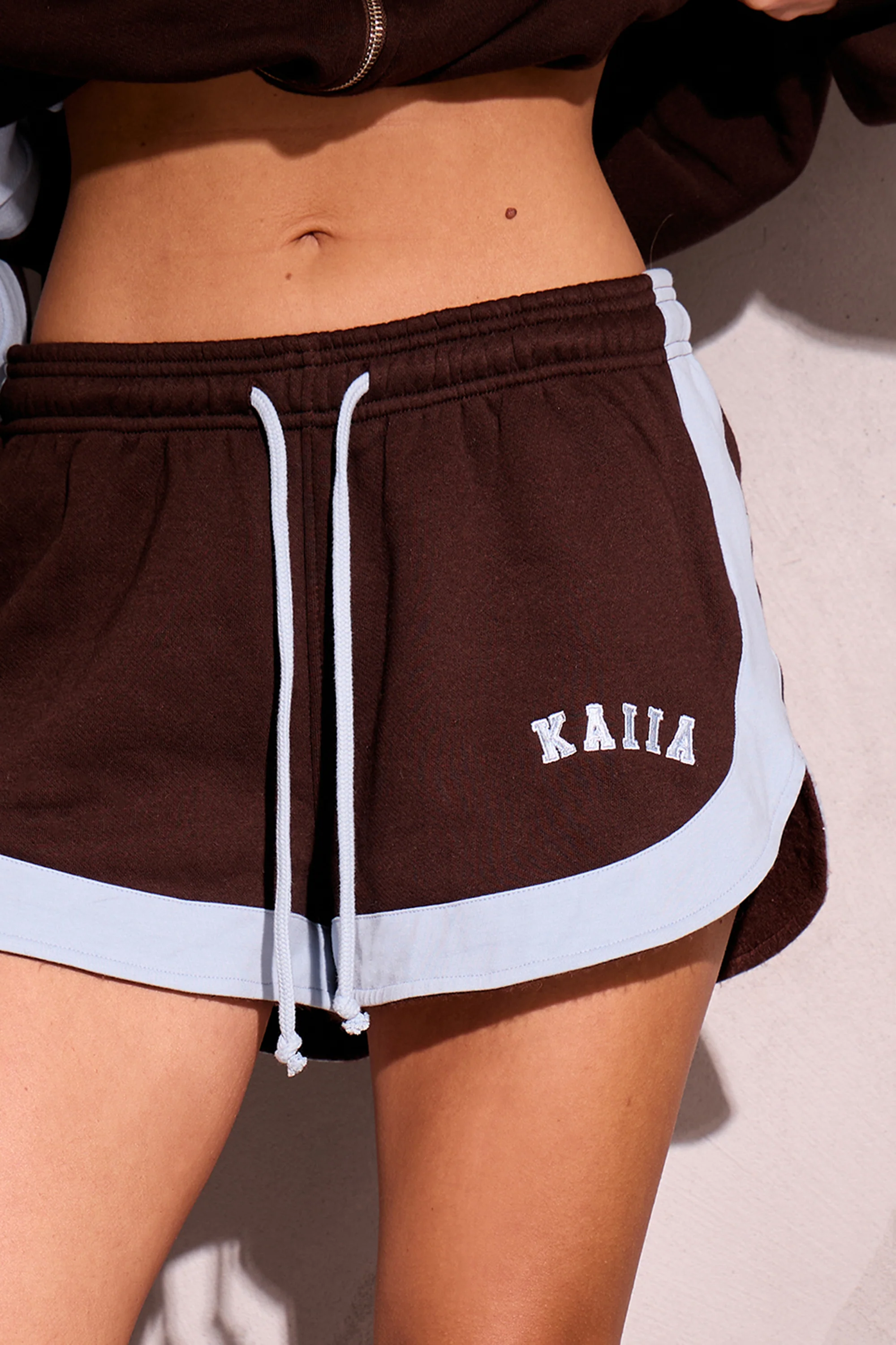 Kaiia Sport Stripe Mini Shorts Chestnut Brown & Dusty Blue - Image 5