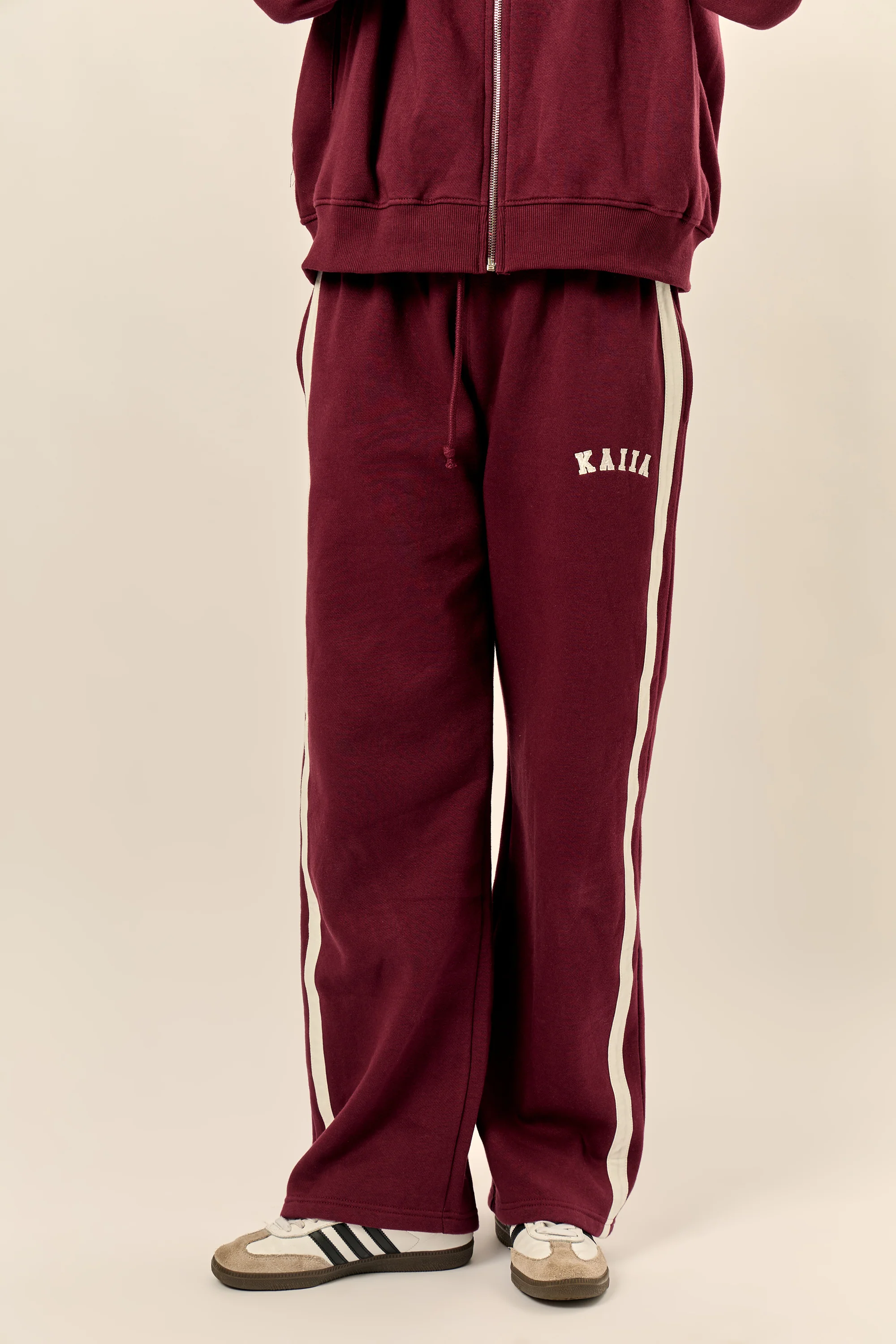 Kaiia Sport Stripe Wide Leg Joggers Burgundy & Cream - Image 3