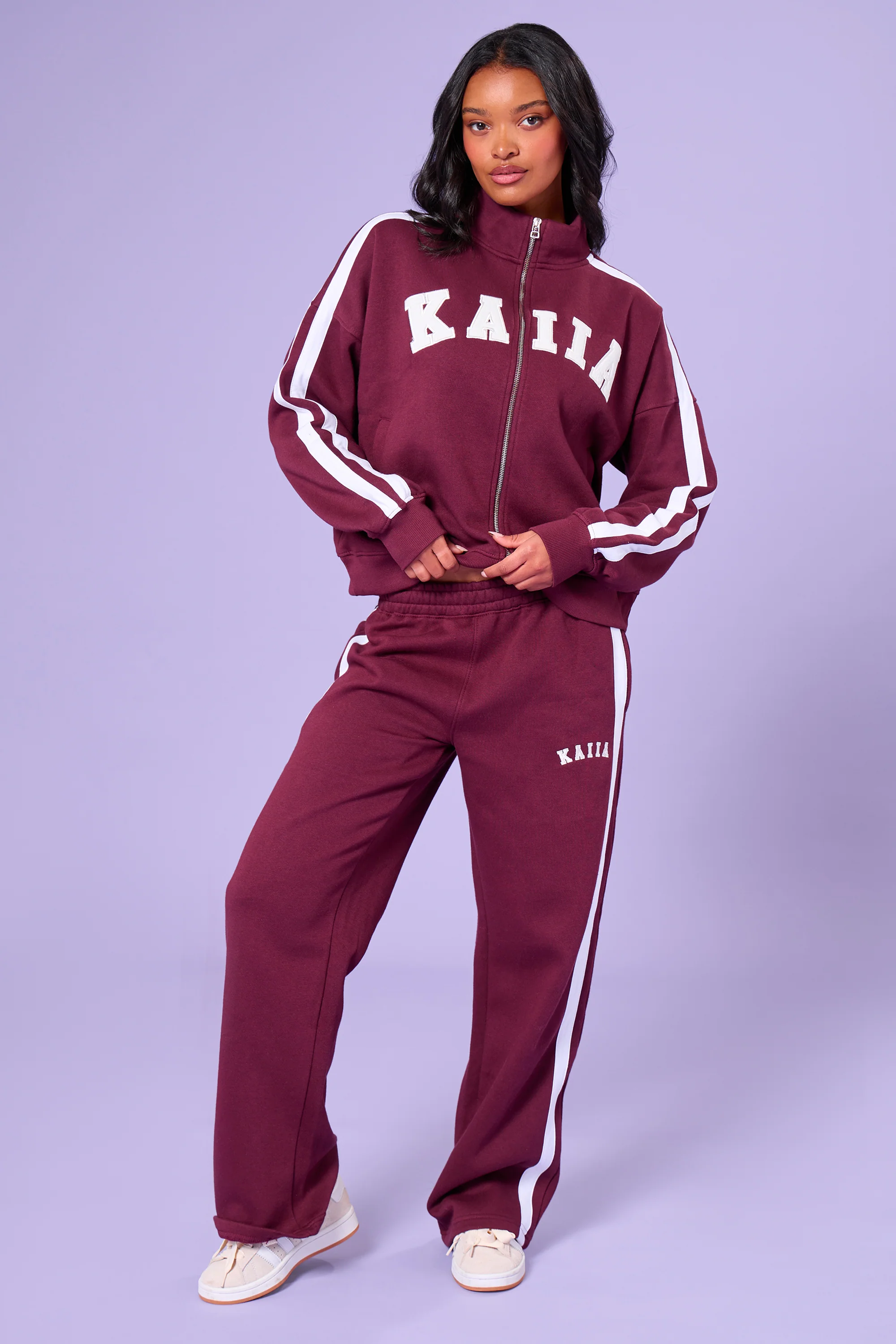 Kaiia Sport Stripe Wide Leg Joggers Burgundy & Cream - Image 7