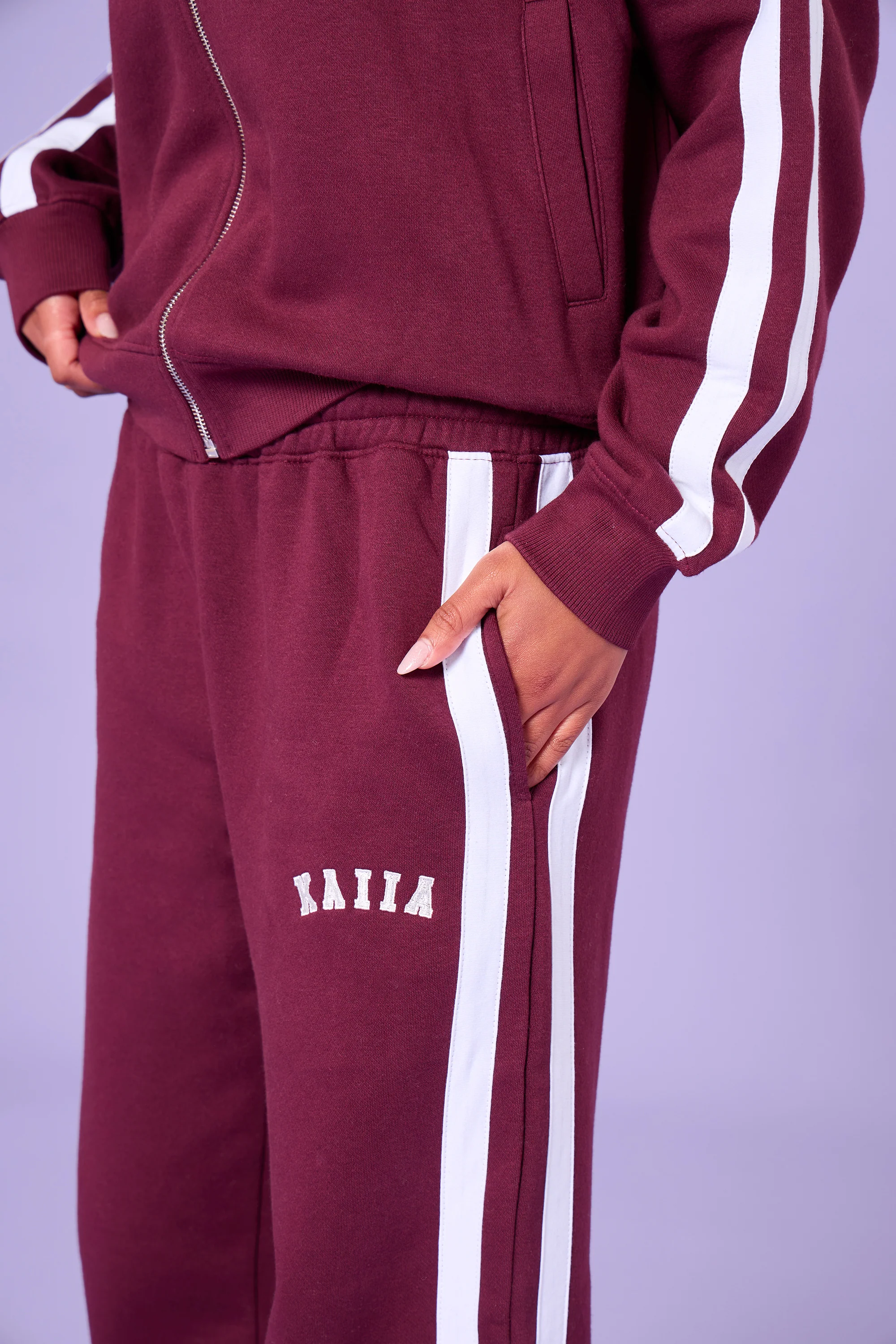 Kaiia Sport Stripe Wide Leg Joggers Burgundy & Cream - Image 8