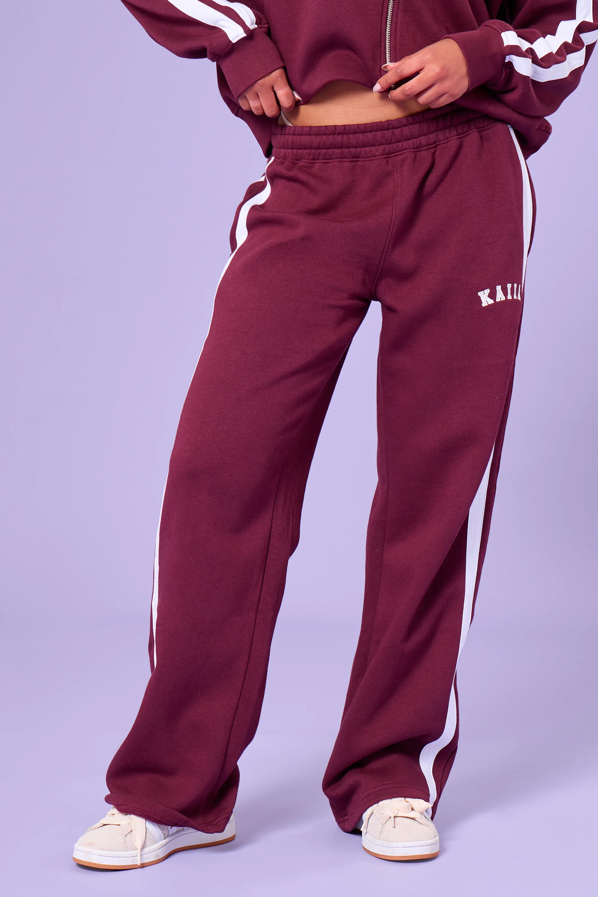 Kaiia Sport Stripe Wide Leg Joggers Burgundy & Cream - Image 9