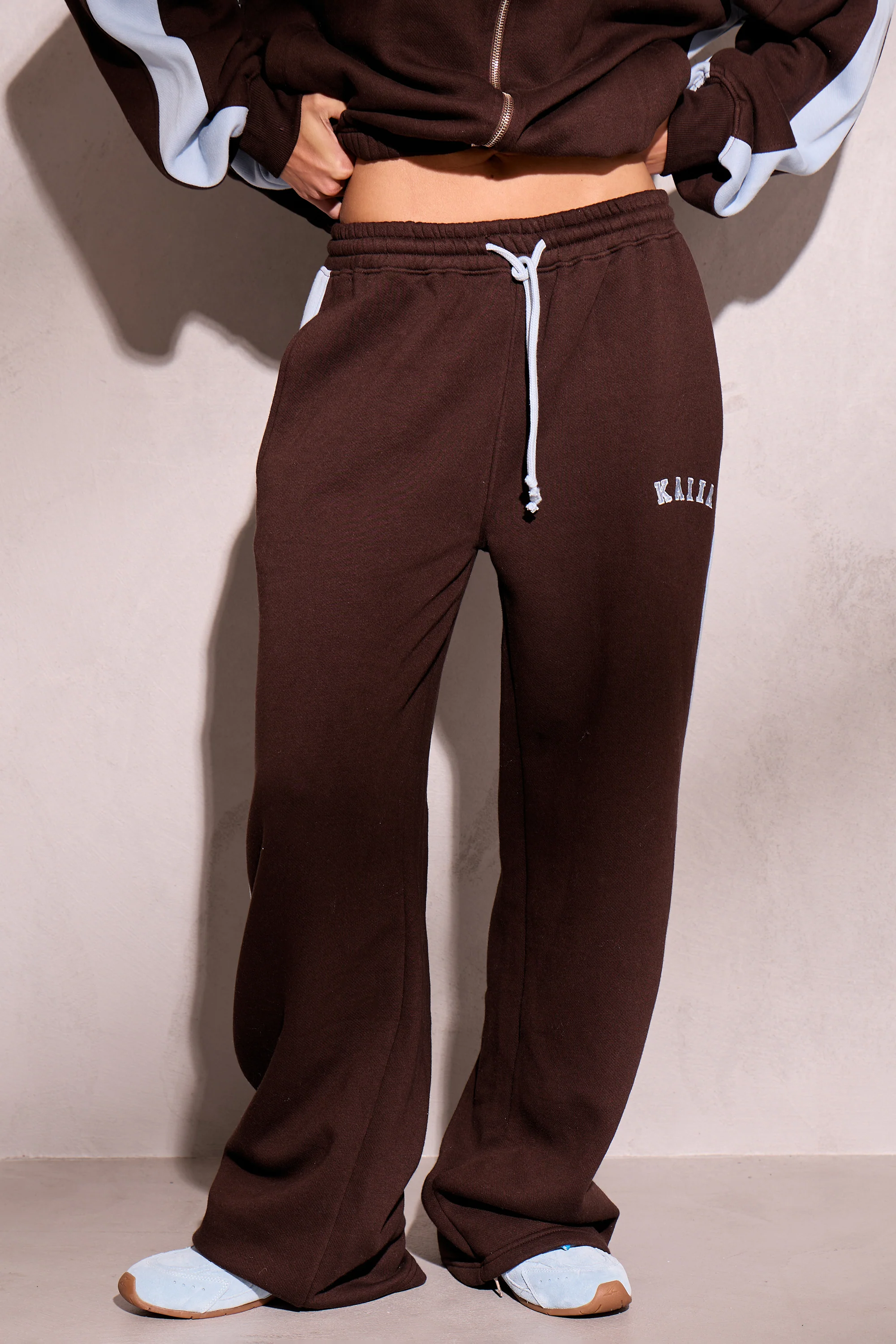 Kaiia Sport Stripe Wide Leg Joggers Chestnut Brown & Dusty Blue - Image 3