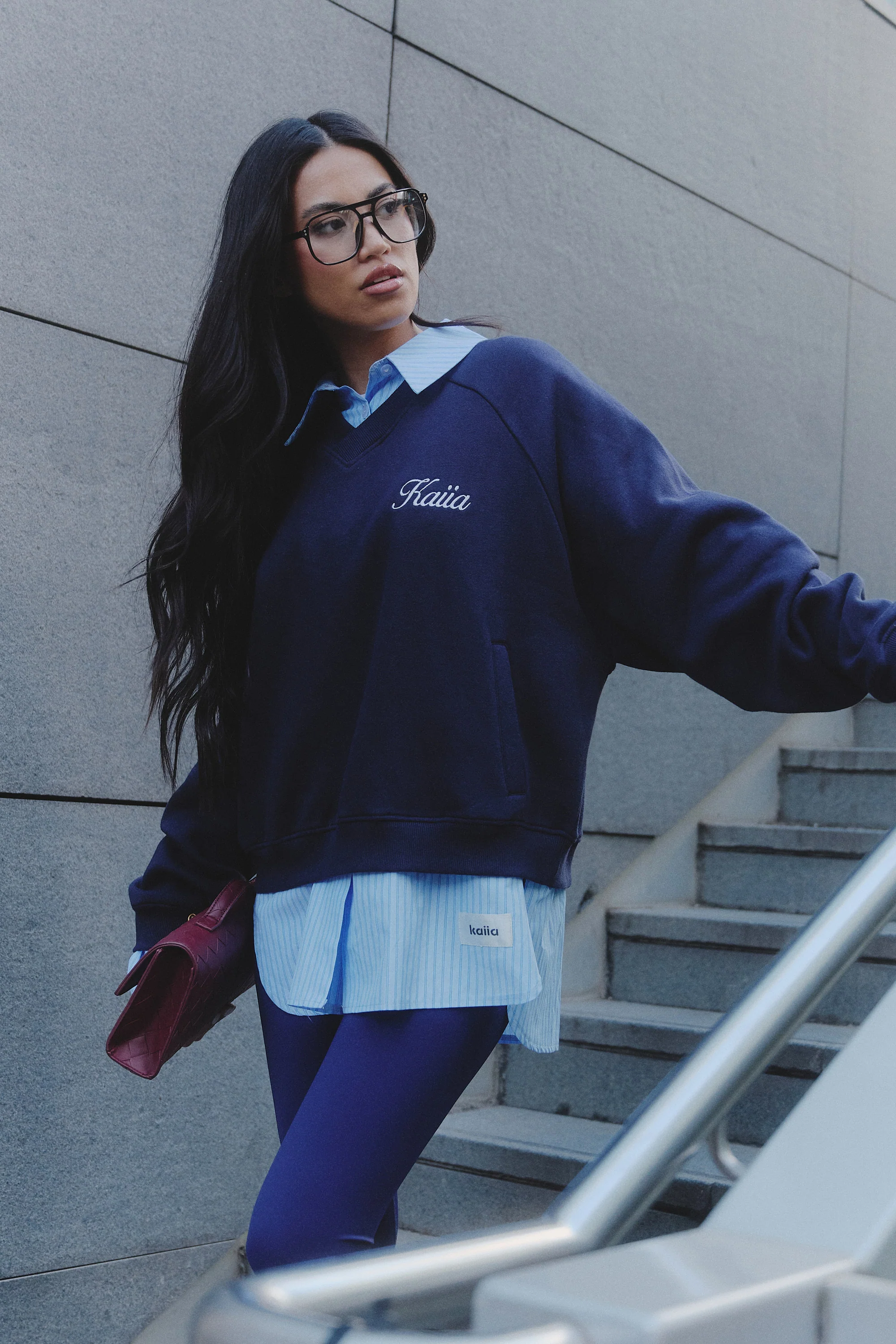 Kaiia Script V Neck Oversized Sweatshirt Navy & Yellow - Image 5