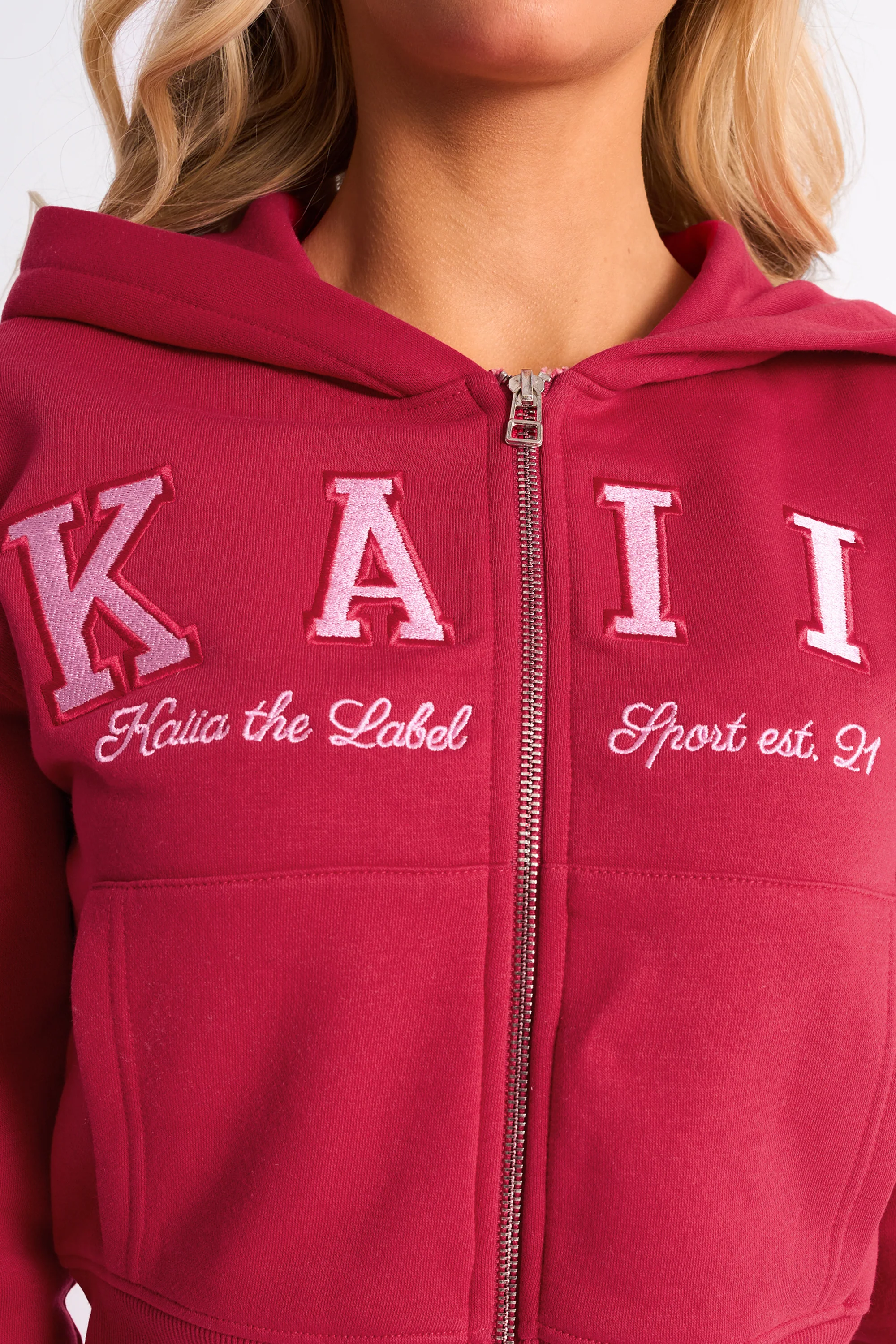 Kaiia Slogan Cropped Zip Up Hoodie Cranberry & Pink - Image 2