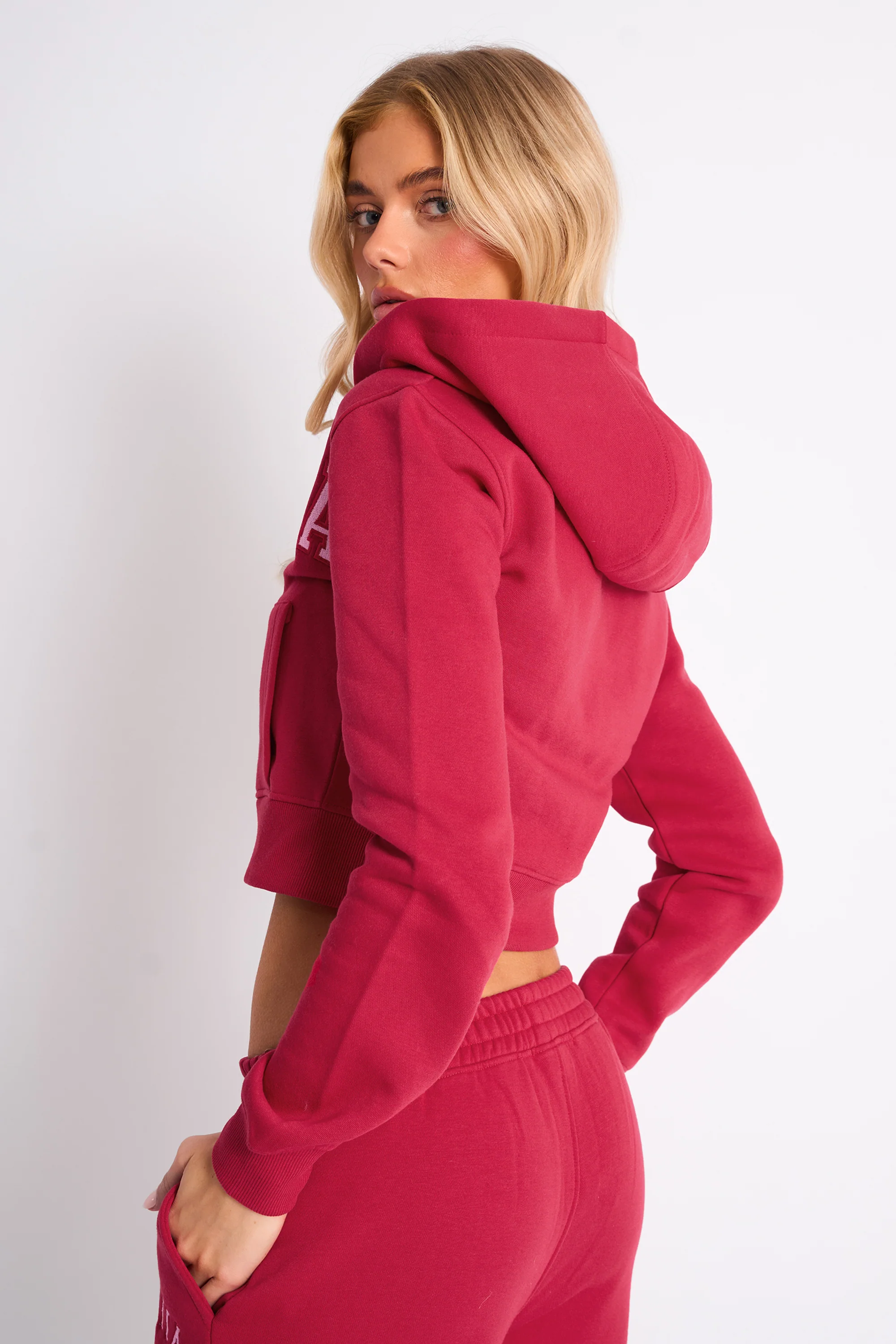 Kaiia Slogan Cropped Zip Up Hoodie Cranberry & Pink - Image 4