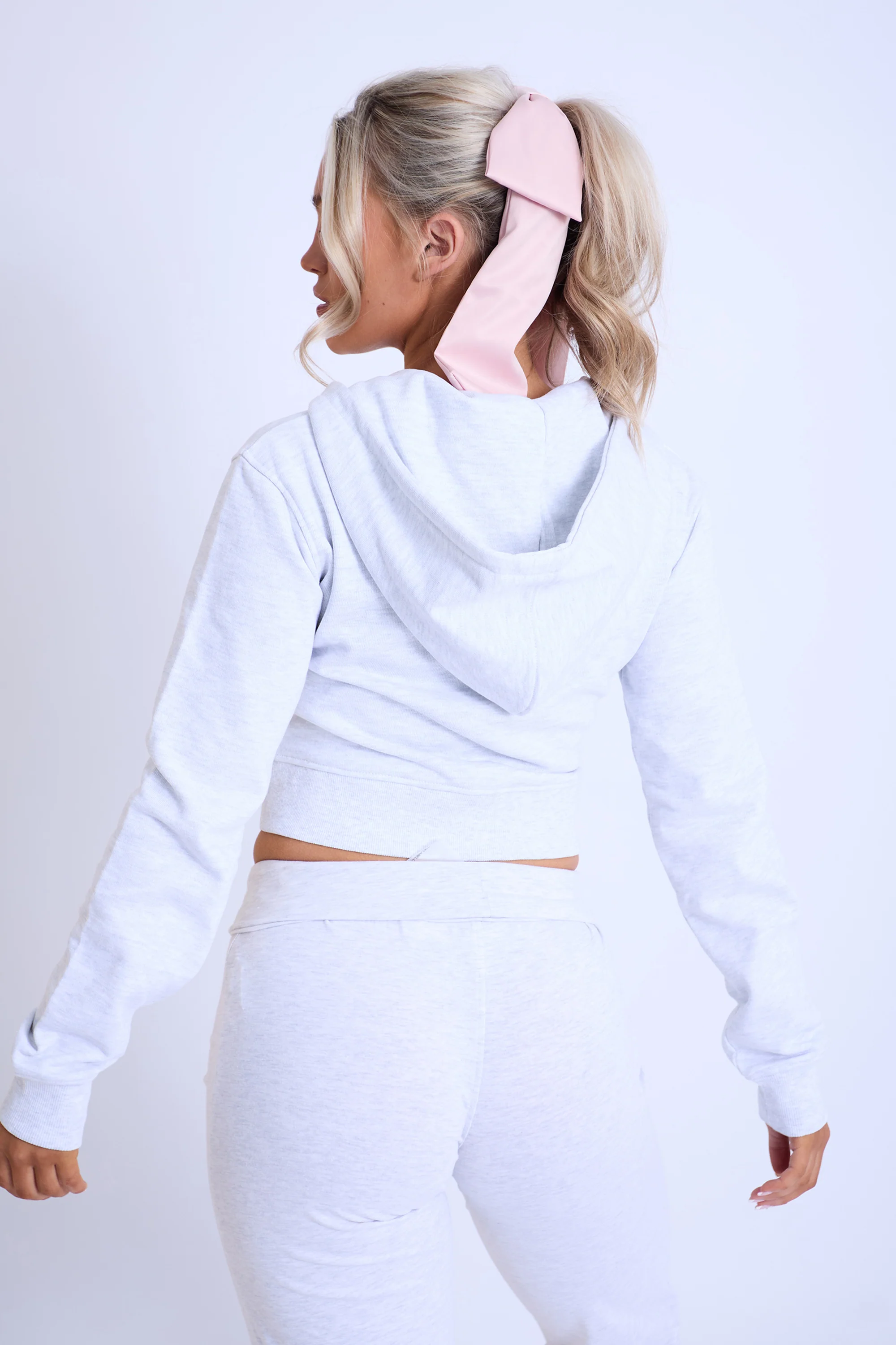 Kaiia Sport Cropped Zip Up Hoodie Light Grey Marl & Pink - Image 3