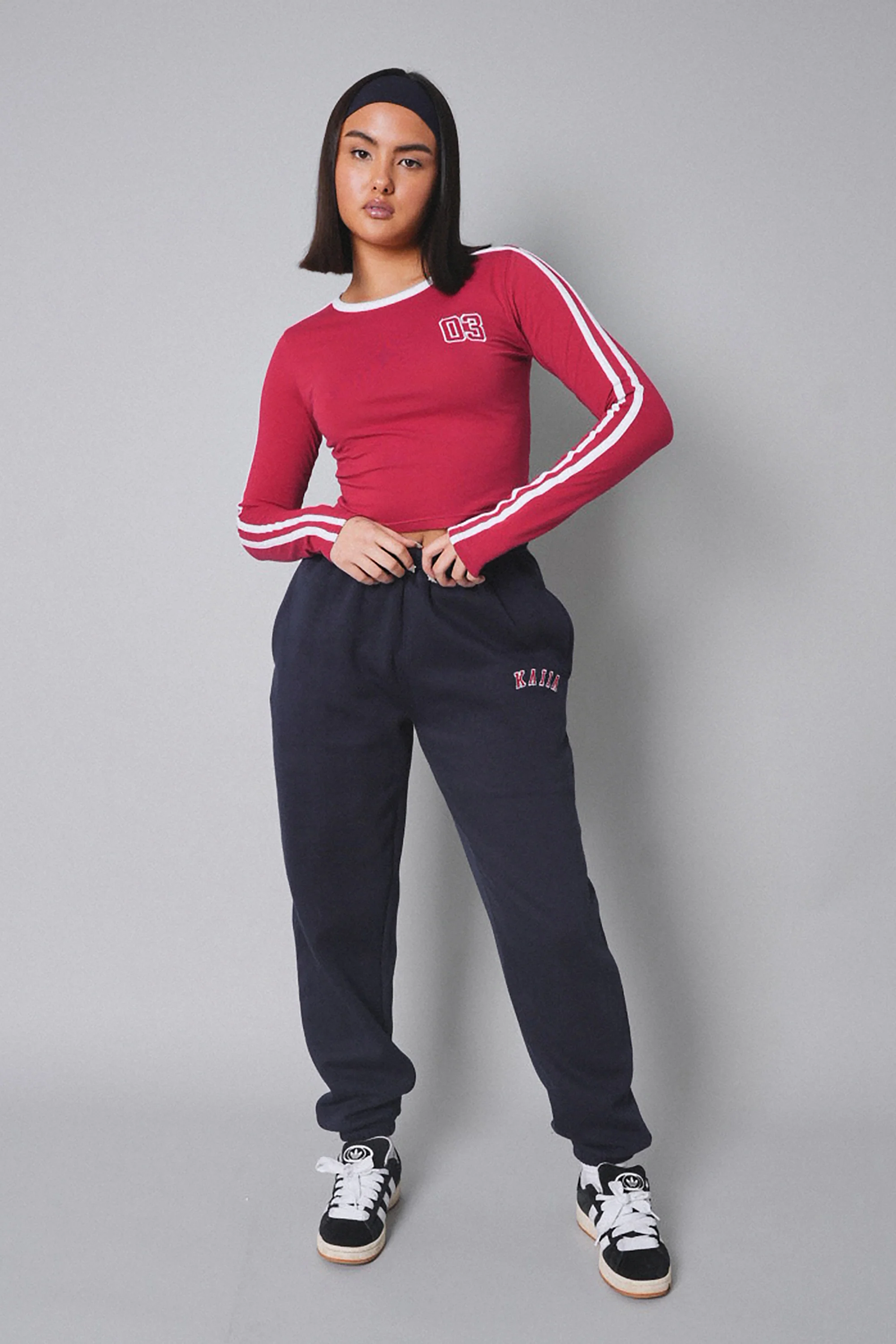 Kaiia Sporty Long Sleeve Tee with Contrast Binding in Red and White - Image 3