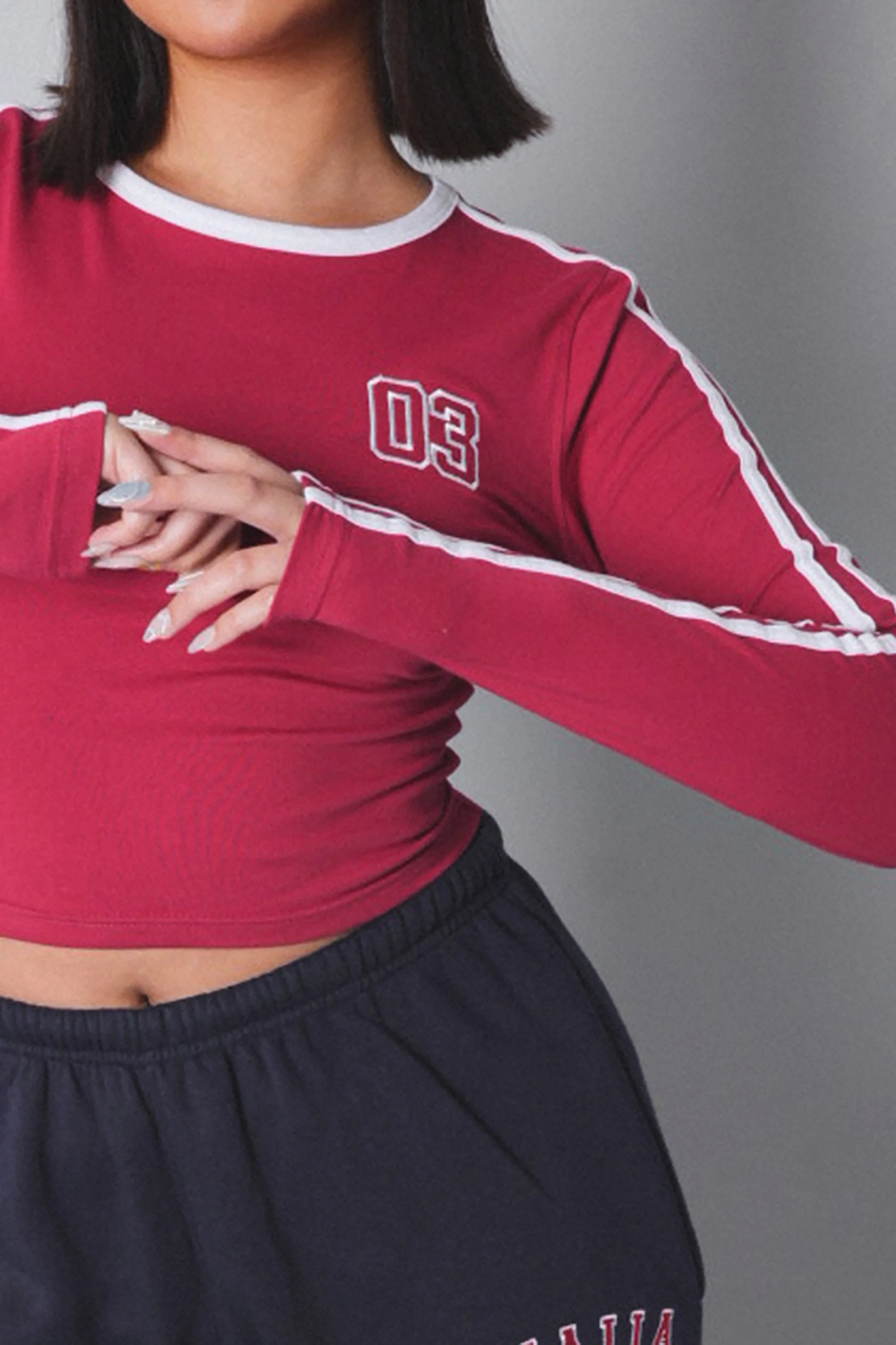 Kaiia Sporty Long Sleeve Tee with Contrast Binding in Red and White - Image 4
