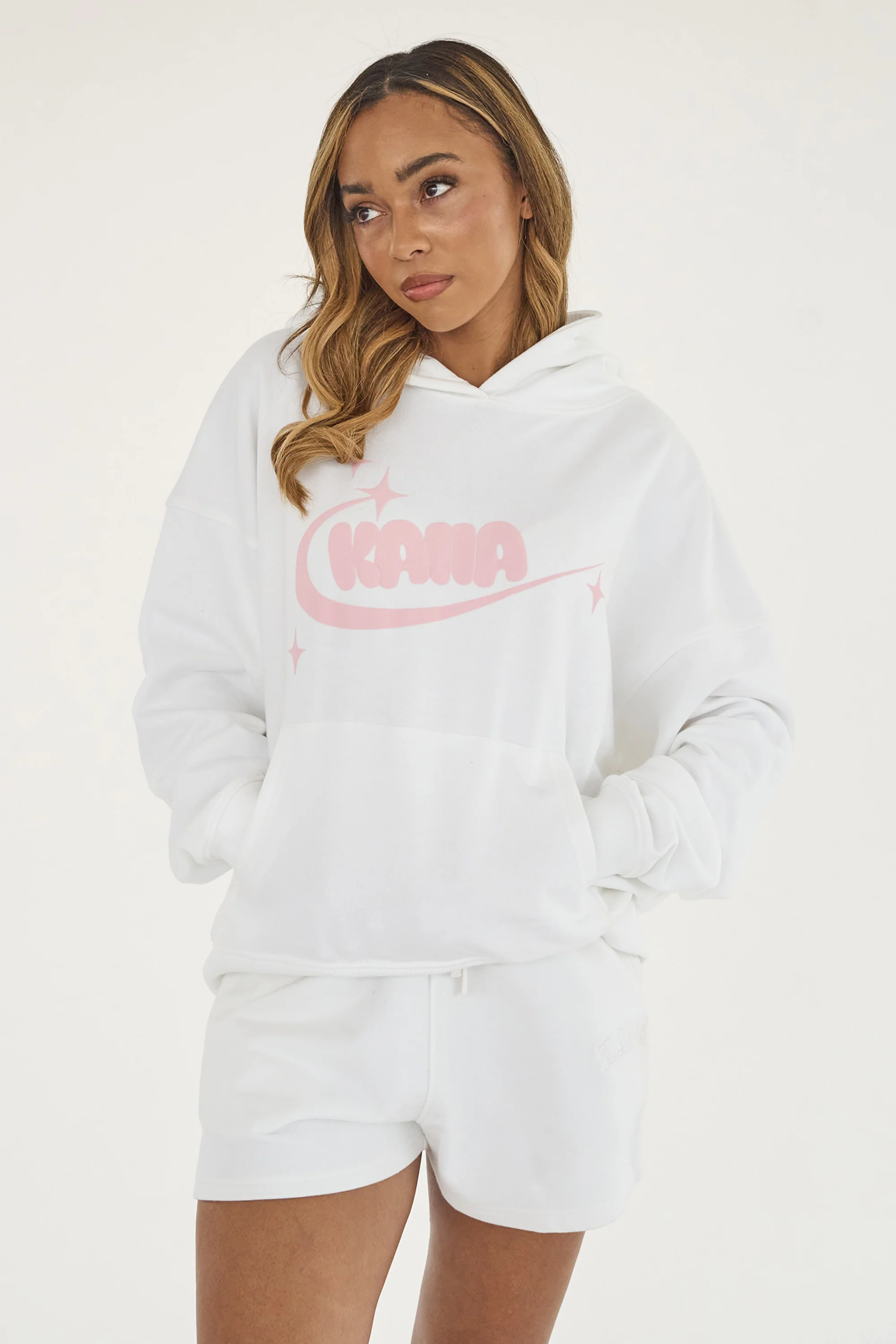 Kaiia Star Bubble Logo Oversized Hoodie White & Baby Pink