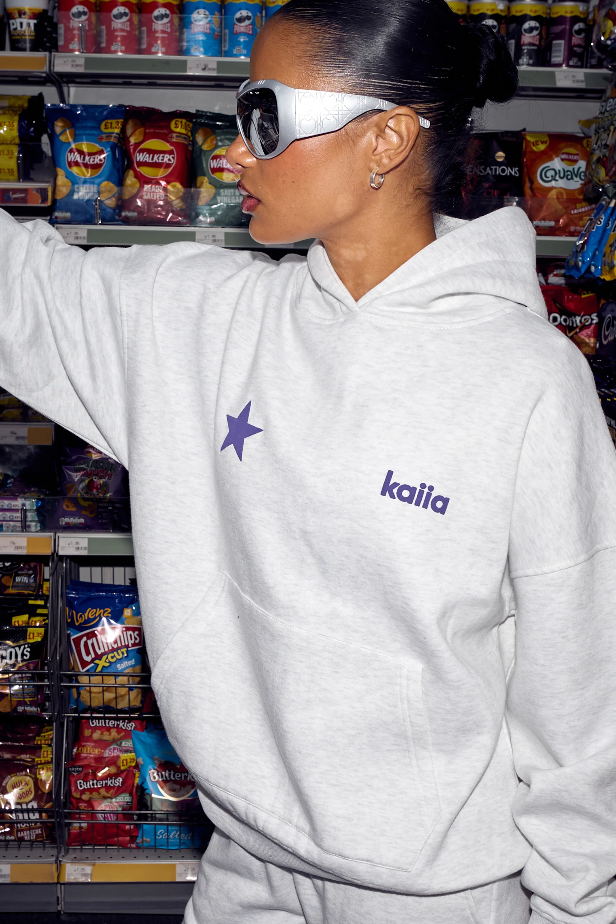 Kaiia Star Graphic Oversized Hoodie Light Grey Marl & Royal Purple - Image 4