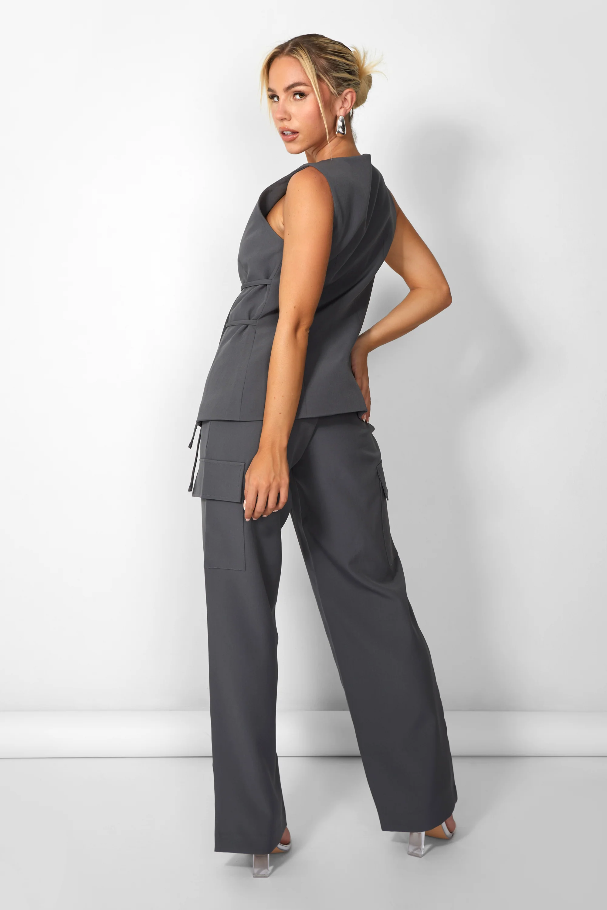 Kaiia Strap Detail Waistcoat in Charcoal Grey - Image 7