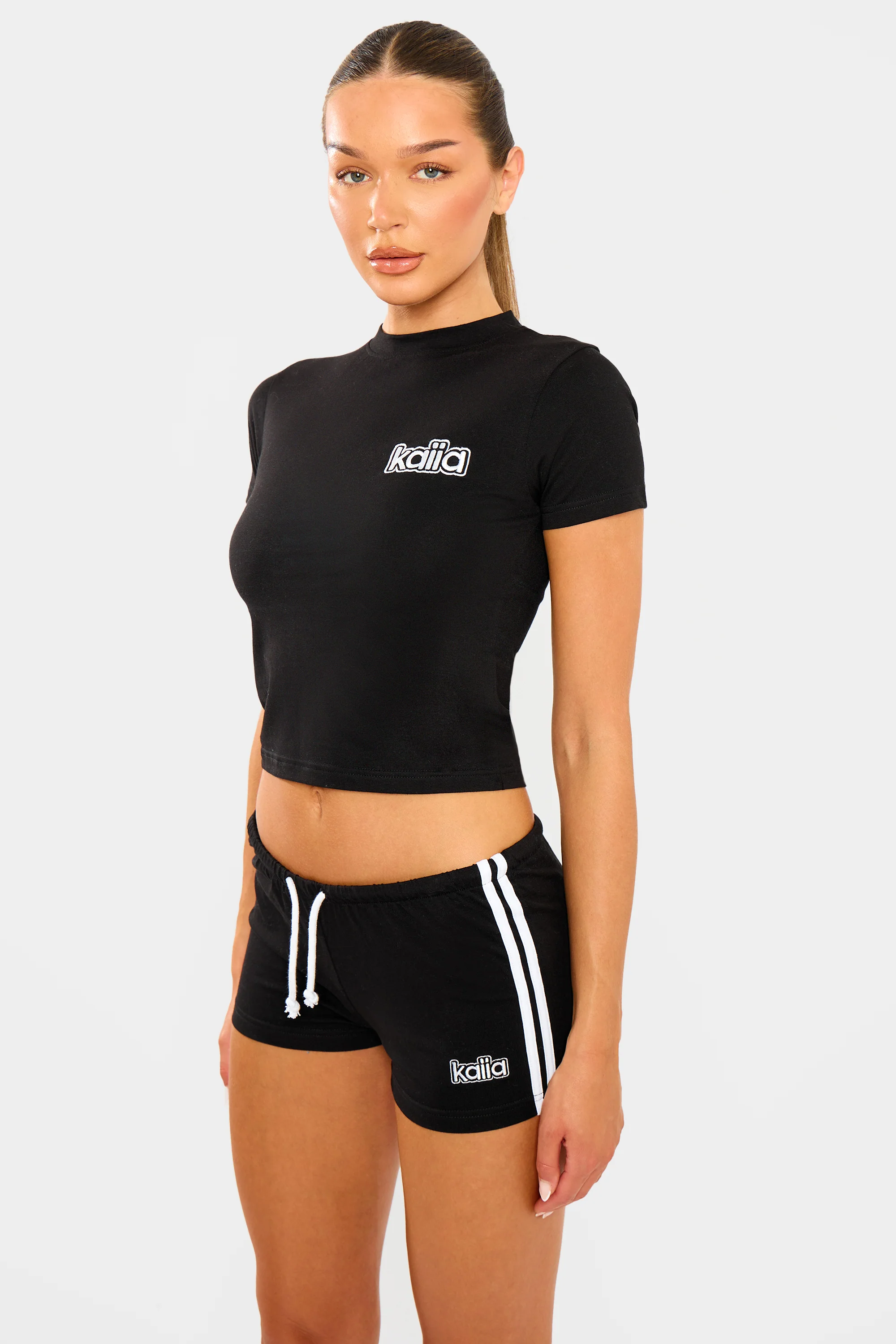 Kaiia Logo Stripe Detail Hot Pants Shorts Black & White - Image 5