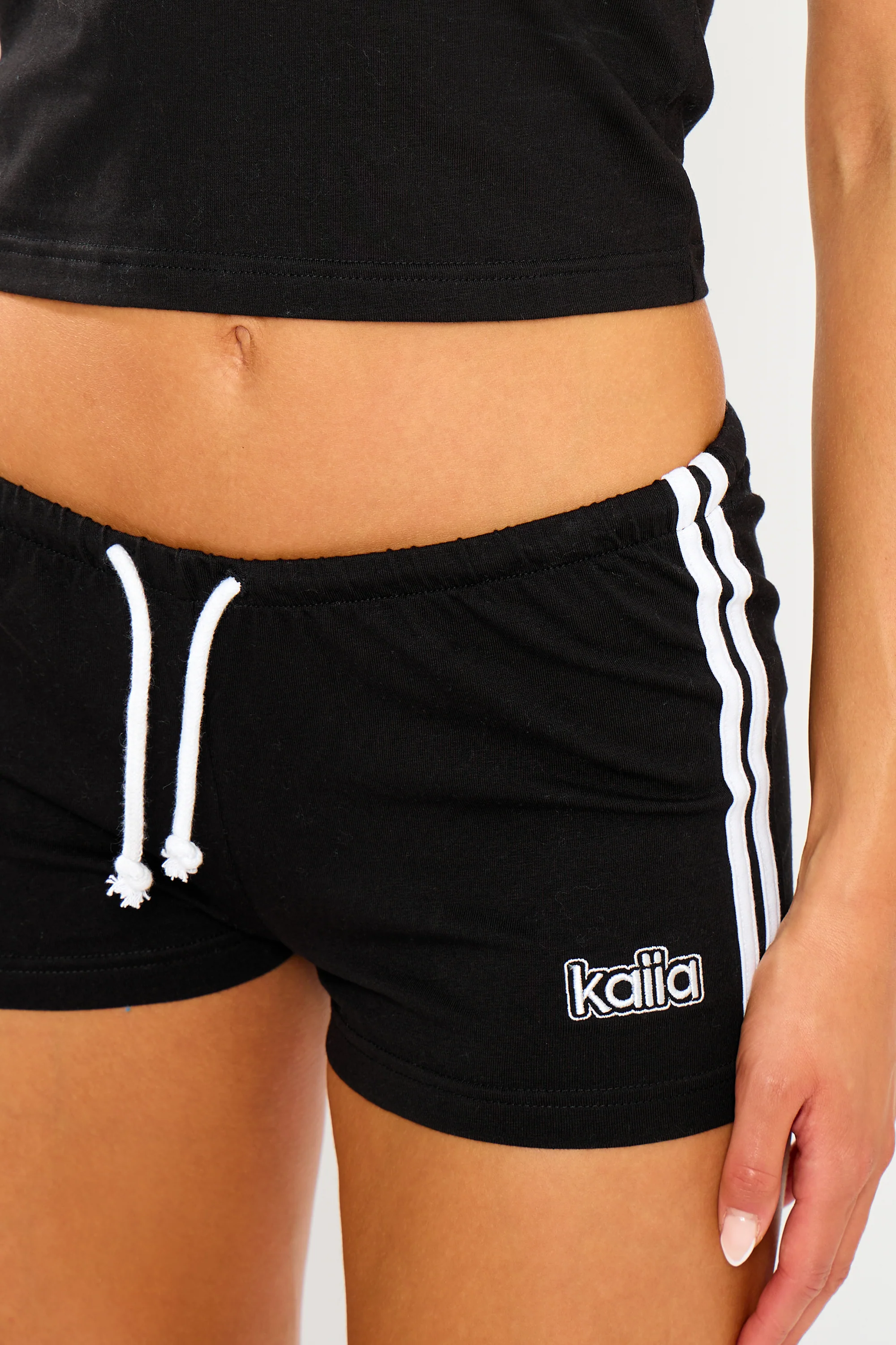 Kaiia Logo Stripe Detail Hot Pants Shorts Black & White - Image 6