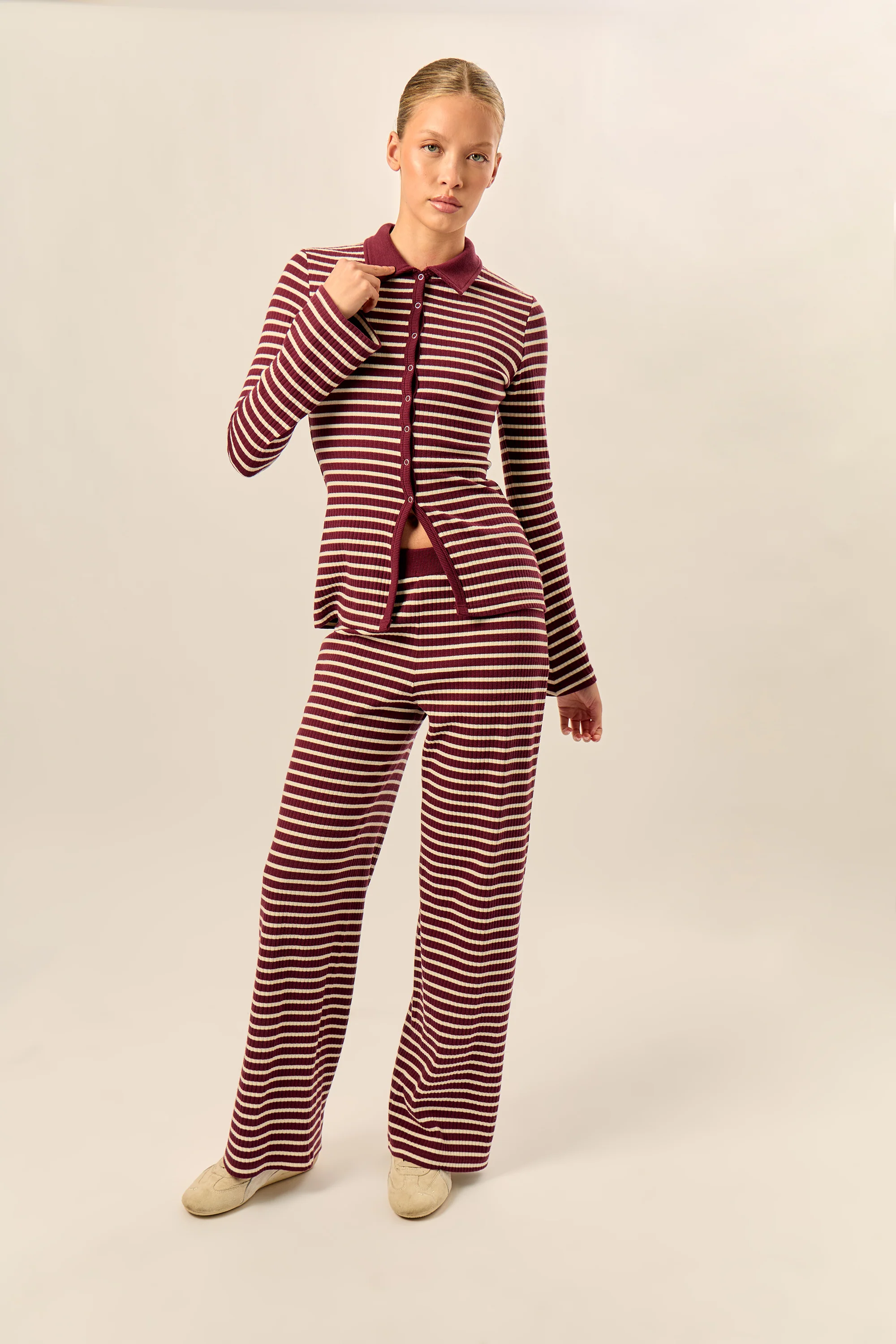 Kaiia Stripe Ribbed Button Down Top Dark Cherry & Cream - Image 2