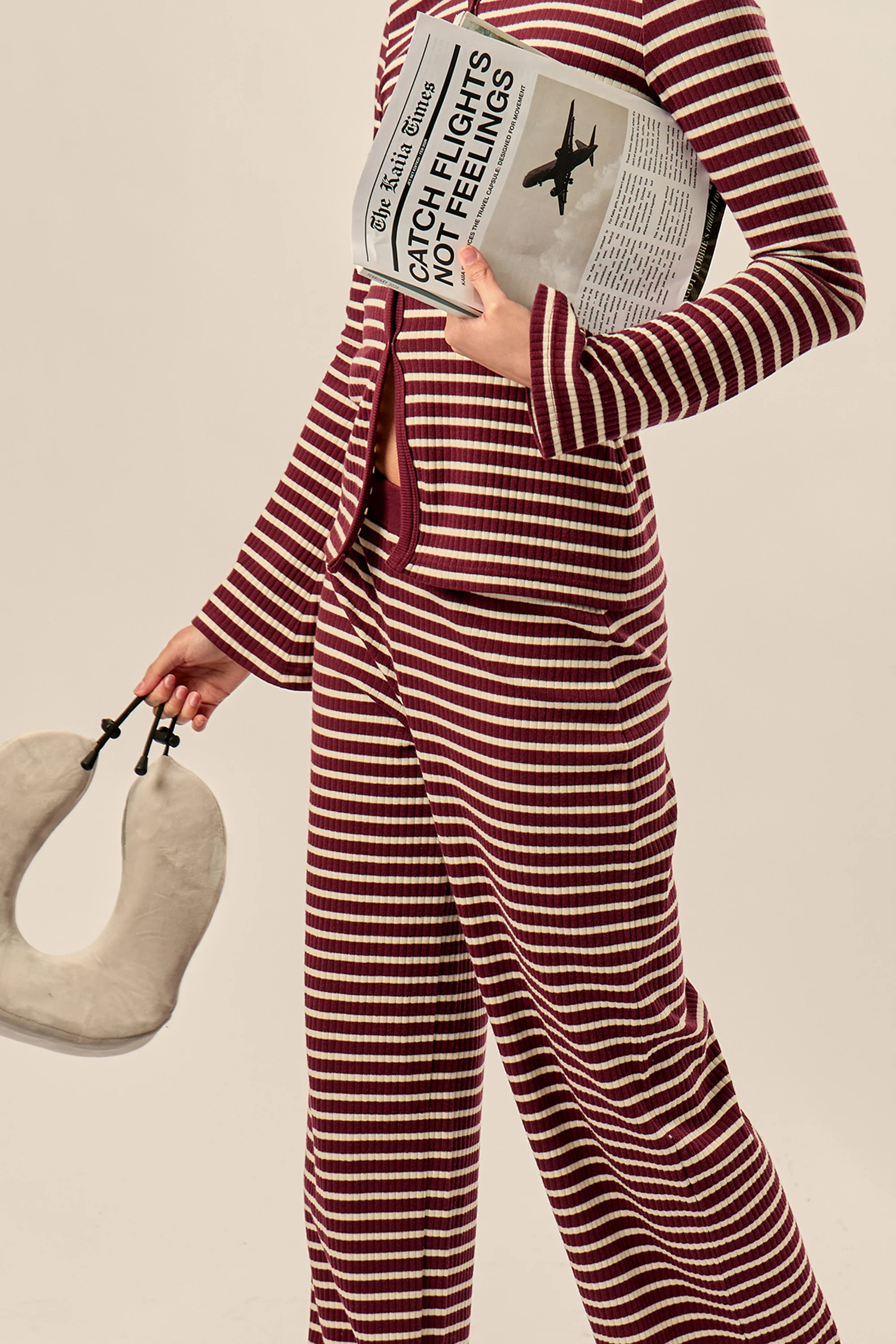 Kaiia Stripe Ribbed Wide Leg Trousers Dark Cherry & Cream - Image 2