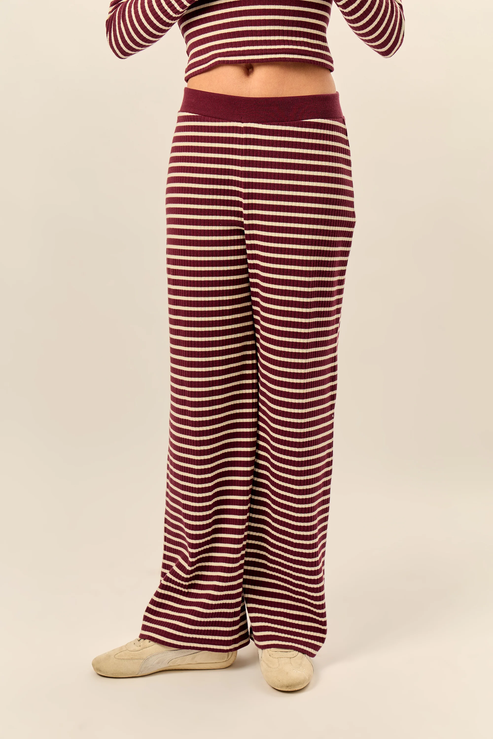 Kaiia Stripe Ribbed Wide Leg Trousers Dark Cherry & Cream - Image 3