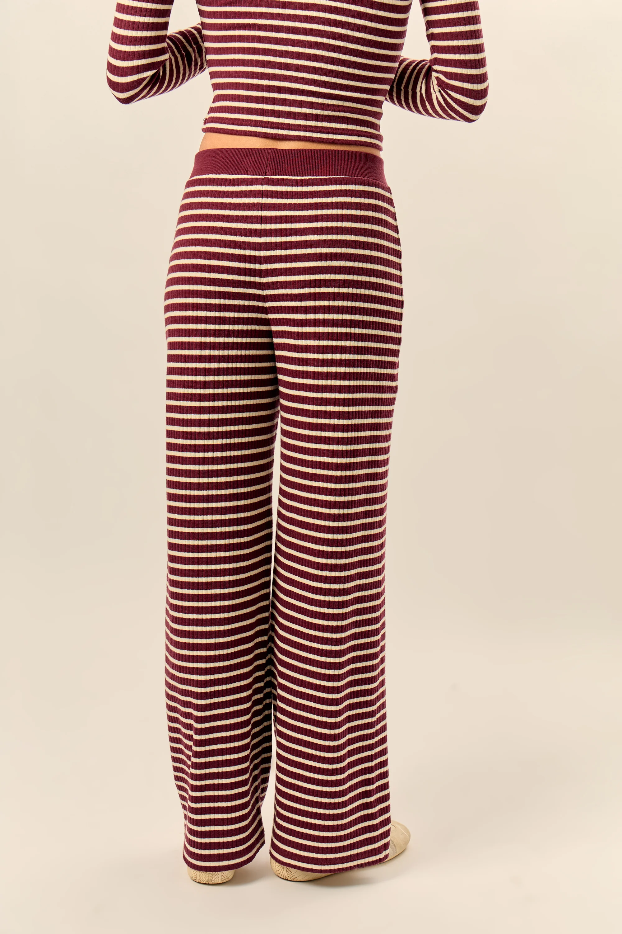 Kaiia Stripe Ribbed Wide Leg Trousers Dark Cherry & Cream - Image 4