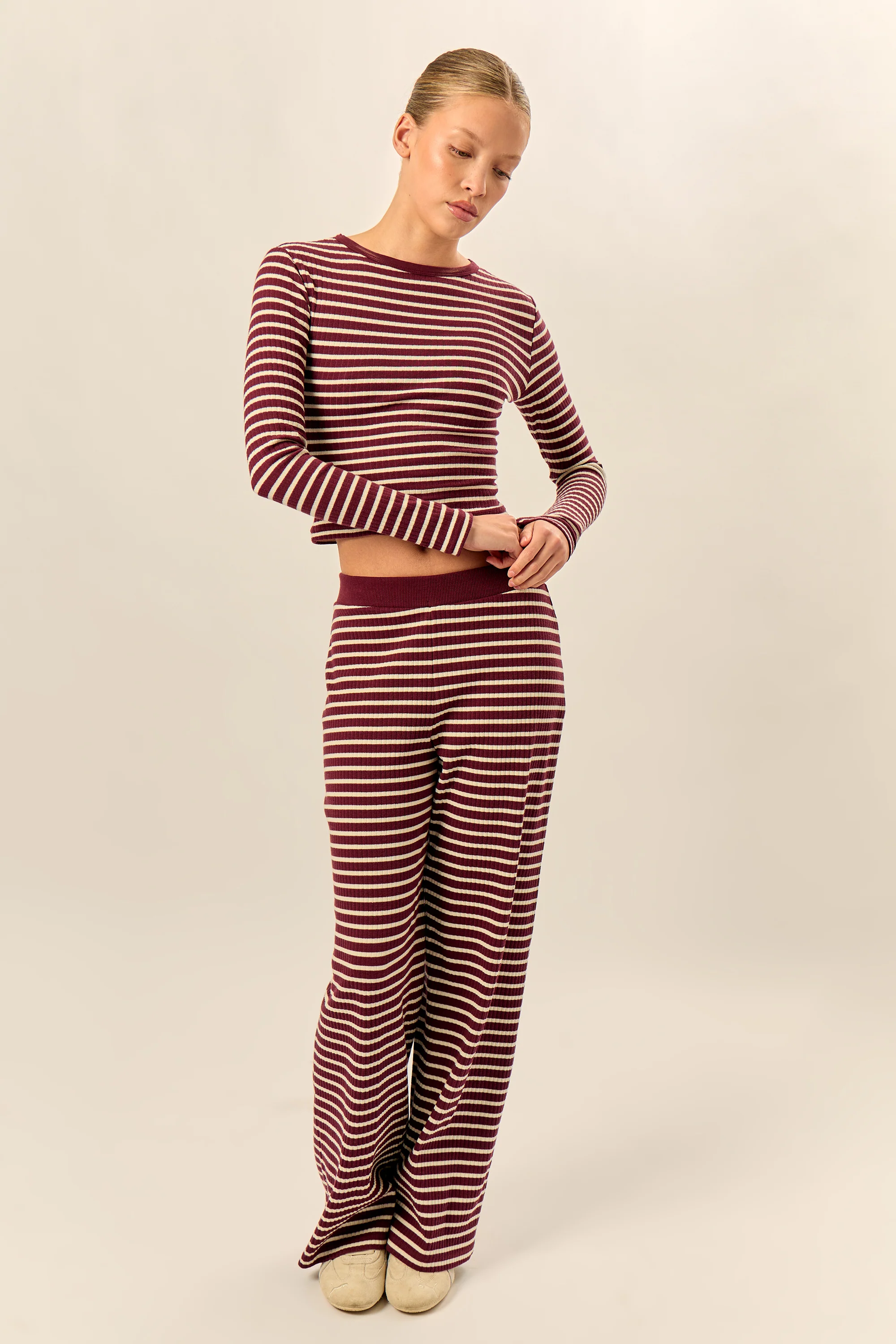 Kaiia Stripe Ribbed Wide Leg Trousers Dark Cherry & Cream - Image 5