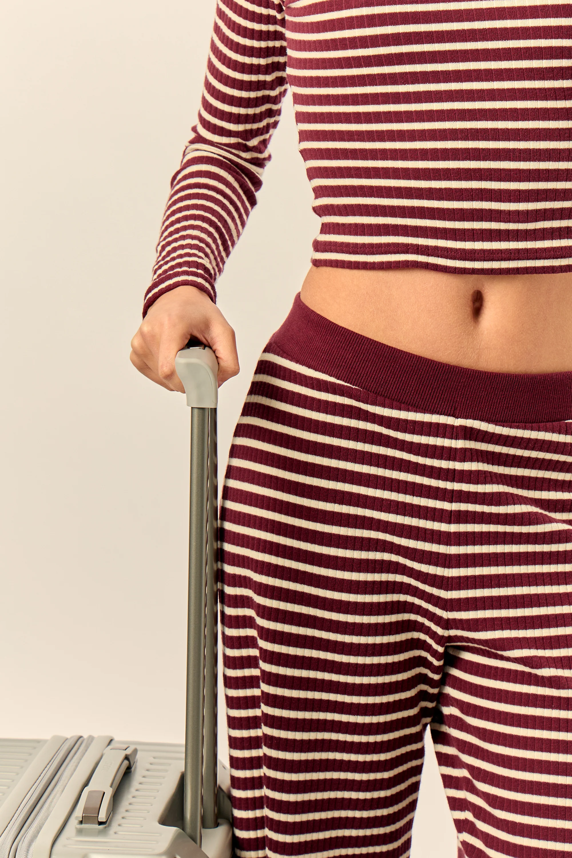 Kaiia Stripe Ribbed Wide Leg Trousers Dark Cherry & Cream - Image 6